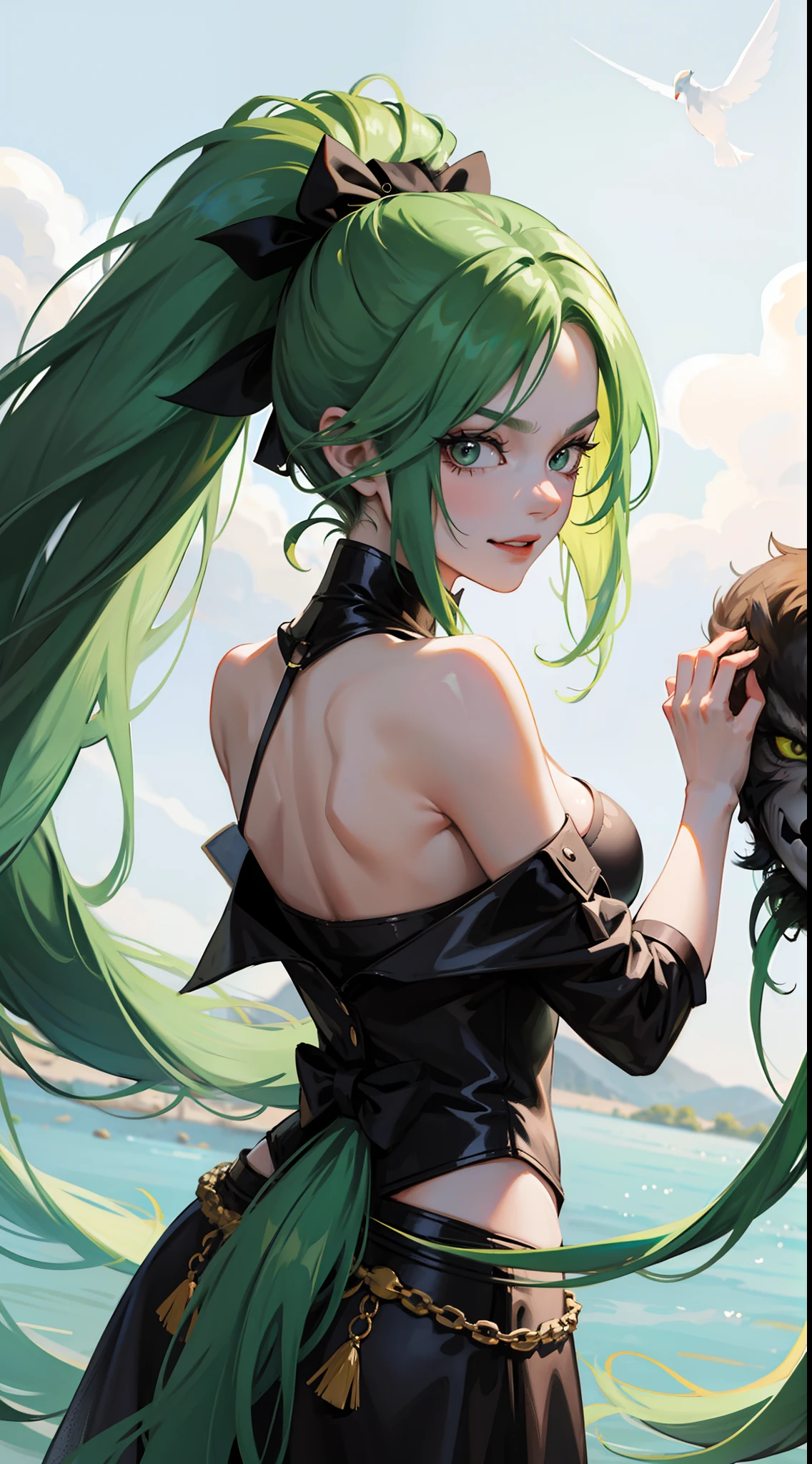 Adult woman, long green hair, high ponytail, white eyes, Black Dense Shape, mask, angry, seen from behind, Smile, Masterpiece, hiquality, 4k, HD, Good detail