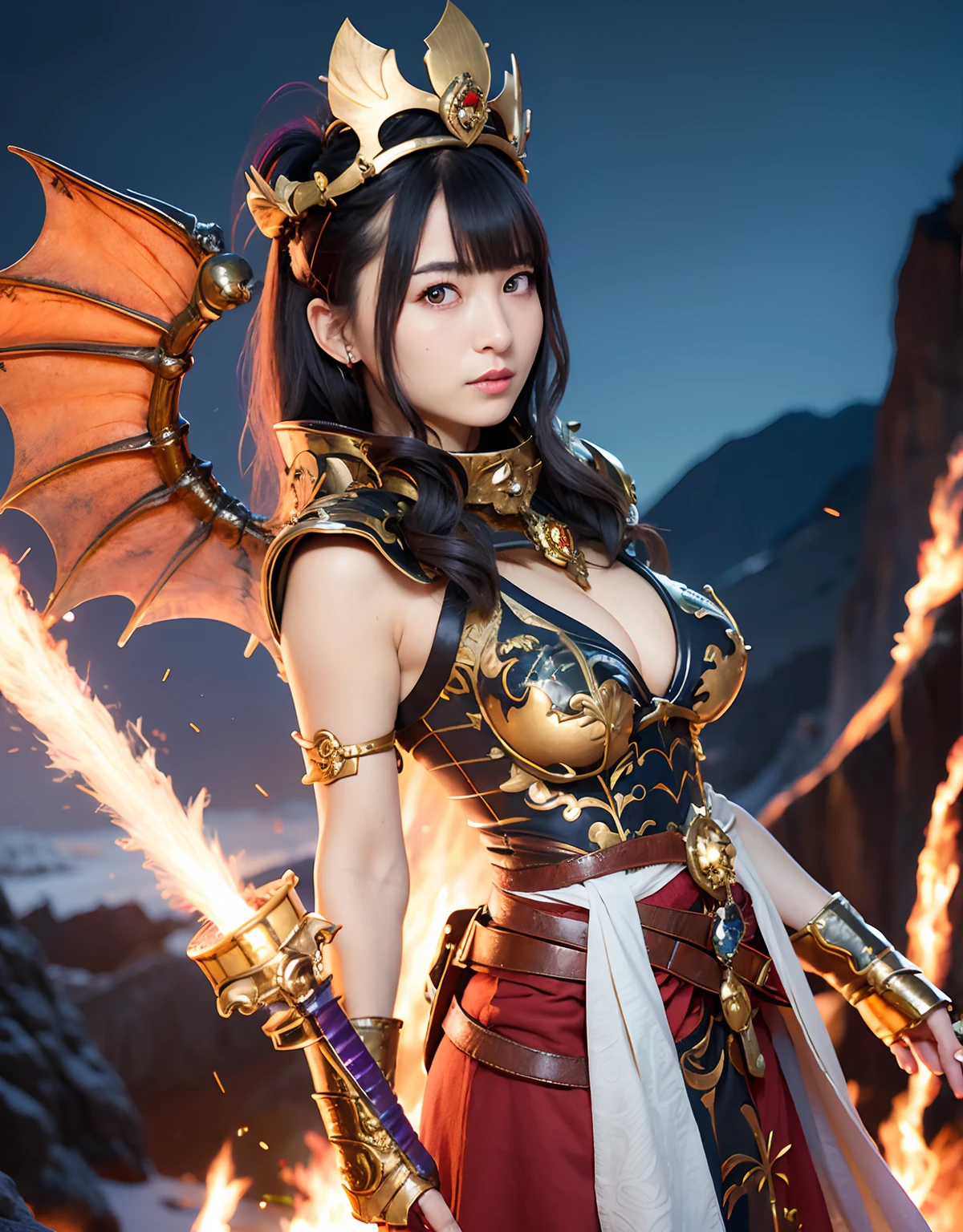 Professional , ​masterpiece、top-quality、photos realistic , 、top-quality、超A high resolution、(Photorealsitic:1.4)、Raw photo、depth of fields （Gemstone Gold Metal Body:1.9),(Matte White、Toostock、cleavage of the breast、（cleavage of the breast）、（Detailed Dragon Armor）、（Have the strongest weapon）、（(Random Hairstyles 1.6),Dark Fantasy,）explosions、intense fighting、（Precipitous cliffs),Dragon Gold Weapon,Mystical expression、Particles of light、Fight dragons、（Detailed Dragon Helmet),Gorgeous Silver Weapons ,（（ Dragon's dense and gorgeous sword）） , Beautiful knife   ,warhammer 40k ,Detail and gorgeous crown、（（Blue hair））、（Castle background）、、（（Gangle's forest background））、Beautiful Caucasian beauty、１a person、dynamic ungle,((()))、Smaller head、A smile、Castle background、Thin and beautiful female hands、cleavage of the breast、Soldier in iron armor on background、Mystical expression、Light Effects、intense fighting、Wind-effect、magic circles、With the legendary magic wand、（demonic wings）、Toostock、