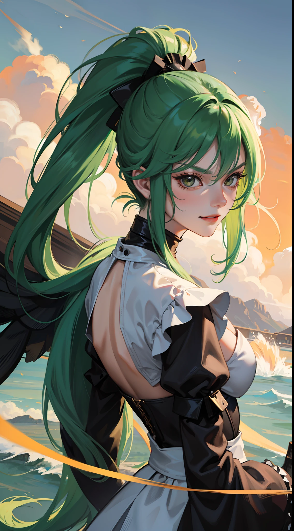 Adult woman, long green hair, high ponytail, white eyes, Black Dense Shape, mask, angry, seen from behind, Smile, Masterpiece, hiquality, 4k, HD, Good detail