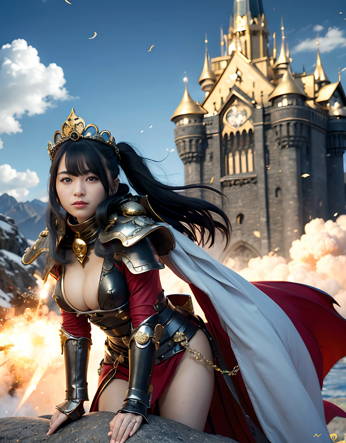 Professional , masterpiece、top-quality、photos realistic , 、top-quality、超A high resolution、(Photorealsitic:1.4)、Raw photo、depth of fields (Gemstone Gold Metal Body:1.9),(Matte White、Toostock、cleavage of the breast、(cleavage of the breast)、(Detailed Dragon Armor)、(Have the strongest weapon)、((Random Hairstyles 1.6),Dark Fantasy,)explosions、intense fighting、(Precipitous cliffs),Dragon Gold Weapon,Mystical expression、Particles of light、Fight dragons、(Detailed Dragon Helmet),Gorgeous Silver Weapons ,(( Dragon's dense and gorgeous sword)) , Beautiful knife ,warhammer 40k ,Detail and gorgeous crown、((Blue hair))、(Castle background)、、((Gangle's forest background))、Beautiful Caucasian beauty、1a person、dynamic ungle,((()))、Smaller head、A smile、Castle background、Thin and beautiful female hands、cleavage of the breast、Soldier in iron armor on background、Mystical expression、Light Effects、intense fighting、Wind-effect、magic circles、With the legendary magic wand、(demonic wings)、Toostock、