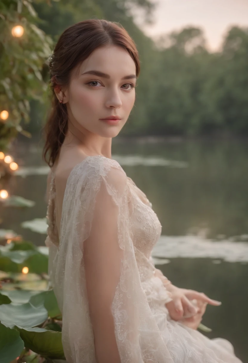 (High quality, 8k, Original character), (Fait: 1.5), (Masterpiece, Best quality, High resolution: 1.2), fille teint brun, Summer Night, (Bas Texture lisse: 1.5), Jupe sexy, delicated eyes, Delicate image, bateau, river, facing camera, A large lotus blooms behind him, Clair de lune, brise, Lucioles
