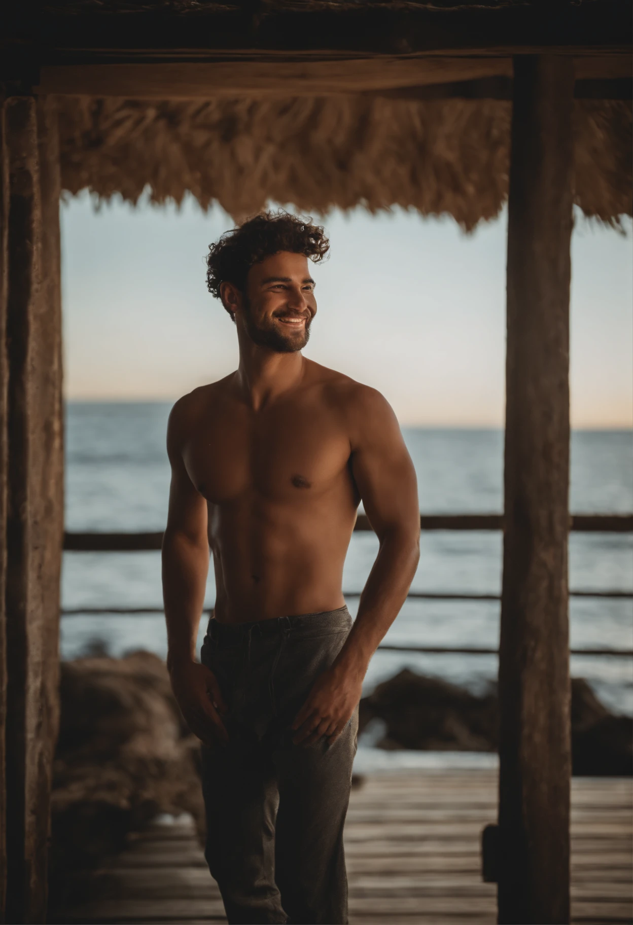 young man, smiling at sea,  20 anos, cabelos brancos, corte de cabelo de dois blocos , not shirt, vestindo um casaco de pele preto , Foto Realidade, pele de realidade, pele detalhada, olhos claros brilhantes, Biomechanicals, estranho, assustador, Pesadelo, cores muito brilhantes, light particles, com luz brilhante, Mshiff, Arte do papel de parede, Papel de parede UHD