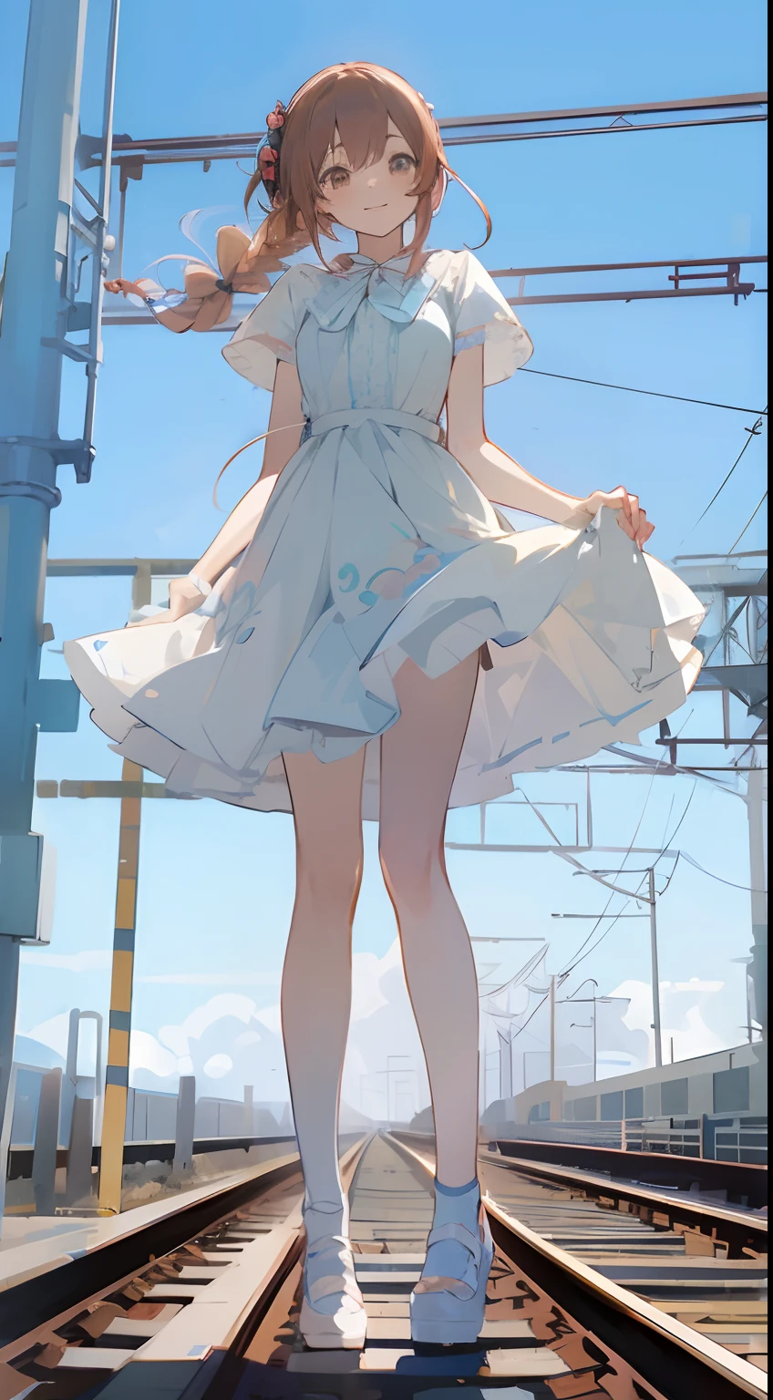Japanese anime, beautiful girl, long braided twin-tail hair, light blue lace dress, station platform, reddish brown shoes, blue sky, smiling,high quality, amount of drawing, pixiv illustration