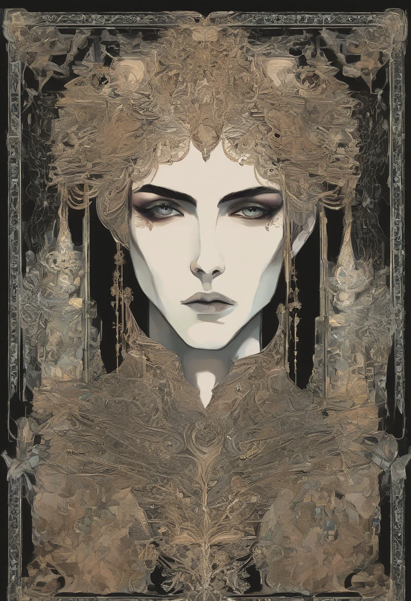 A painting of an androgynous man. He has an angular face, NO FACIAL HAIR, and green eyes. He has sharp eyebrows. His hair is long, straight, and black. He has tan skin.