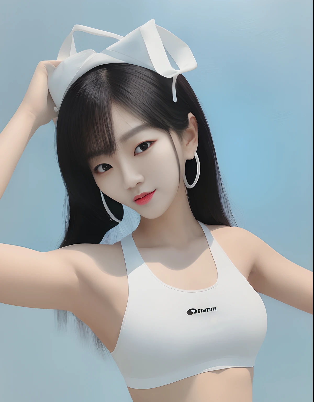 Gorgeous young Korean woman posing for photo in white sports bra top, surrealist painting inspired by Aeon Andreescu, Sports bra and soft white bodycon tracksuit, Sourire clair et mignon, visage clair, Korean Female Idol