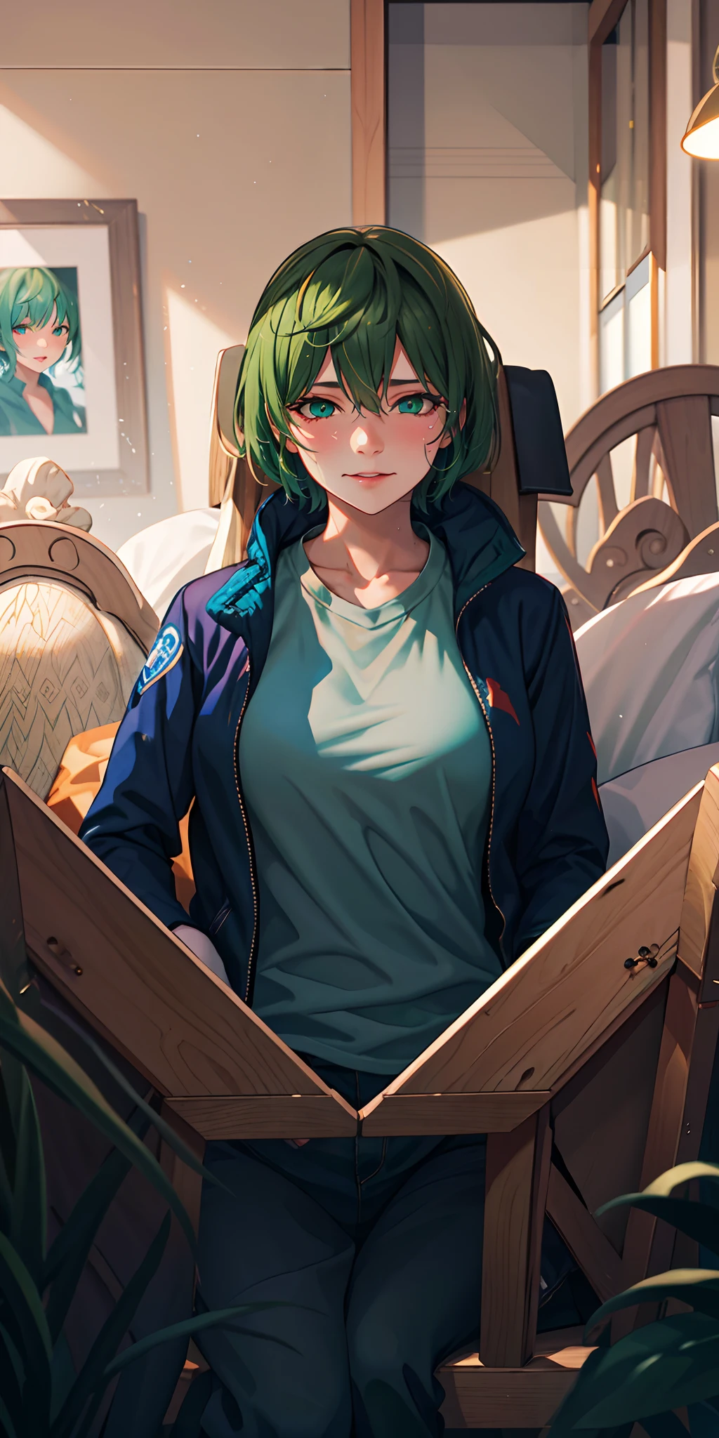 tenka izumo, (short hair, green hair:1.6), green eyes, multicolored hair, sweating, breasts, 1girl, jacket, shirt, solo, black_jacket, white_shirt, open_jacket, open_clothes, looking_at_viewer, breasts, indoors, collared_shirt, dress_shirt, upper_body, long_sleeves, glow effects, godrays, Hand drawn, render, 8k, octane render, cinema 4d, blender, dark, atmospheric 4k ultra detailed, cinematic, Sharp focus, big depth of field, Masterpiece, colors, 3d octane render, 4k, concept art, trending on artstation, hyperrealistic, Vivid colors, extremely detailed CG unity 8k wallpaper, trending on CGSociety, Intricate, High Detail, dramatic"", mirror,