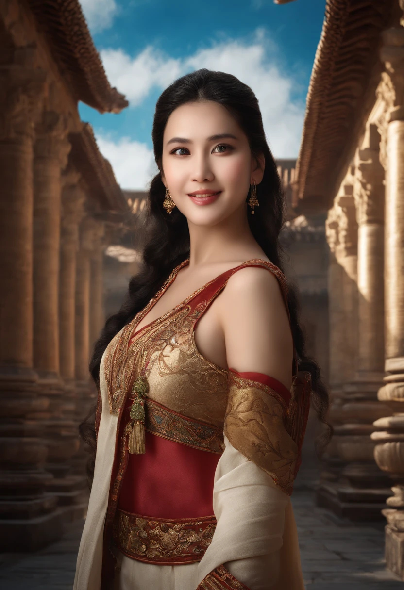 {{Meisterwerk, best quality, extrem detaillierter CG, Unity 8K Hintergrundbild, Filmische Beleuchtung}}, Traditionelle chinesische Tuschemalerei, 1girls, 1Baby, junge frau, halten, a, baby, full entire body, Antike Architektur, blauer Himmel, Sonnentag, Holzarchitektur, Prominenter Protagonist, smil, 大眼睛, beautiful detailed eyes, (big breasts, Spaltung), runder, Blick auf das Publikum, lange Wimpern,