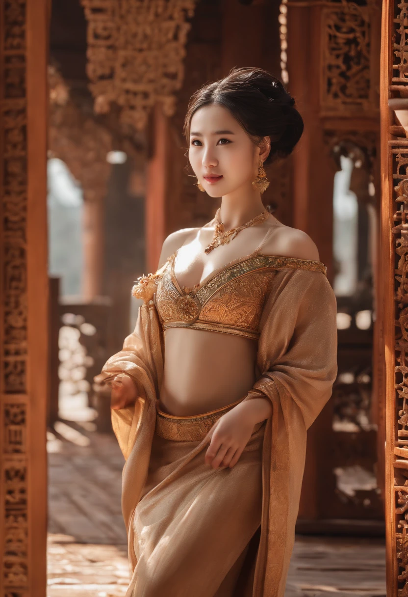 {{Meisterwerk, best quality, extrem detaillierter CG, Unity 8K Hintergrundbild, Filmische Beleuchtung}}, Traditionelle chinesische Tuschemalerei, 1girls, 1Baby, junge frau, halten, a, baby, full entire body, Antike Architektur, blauer Himmel, Sonnentag, Holzarchitektur, Prominenter Protagonist, smil, 大眼睛, beautiful detailed eyes, (big breasts, Spaltung), runder, Blick auf das Publikum, lange Wimpern,