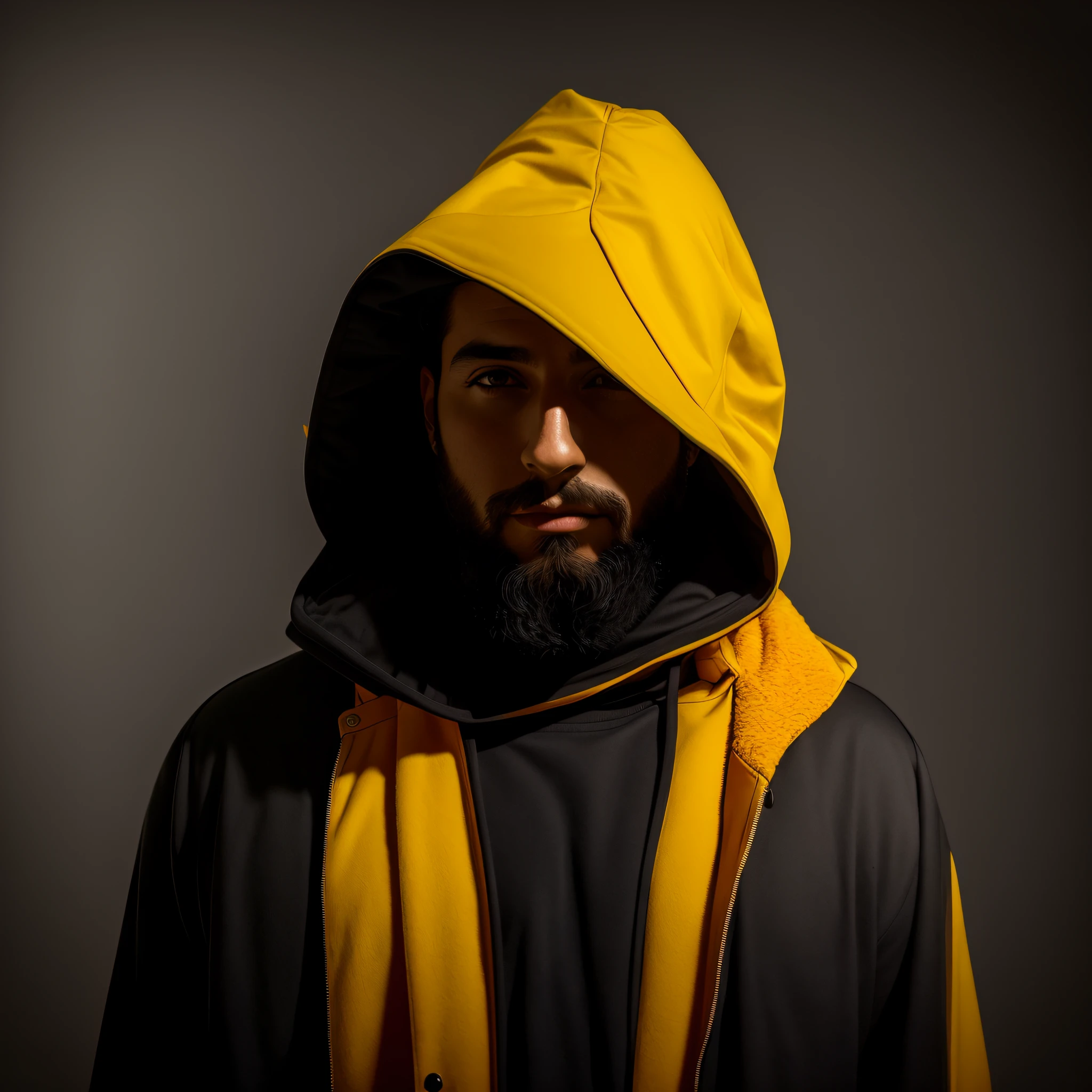 Homem com capuz amarelo e jaqueta preta, usando um capuz amarelo, vestindo sci - fi capa com capuz, usando um capuz escuro, vestido com capuz, vestindo um manto com capuz, usando um capuz, figura encapuzada, usando um capuz, Retrato tirado 8 K, usando um capuz, Homem misterioso, encapuzado, usando capuz, usando um capuz oversized