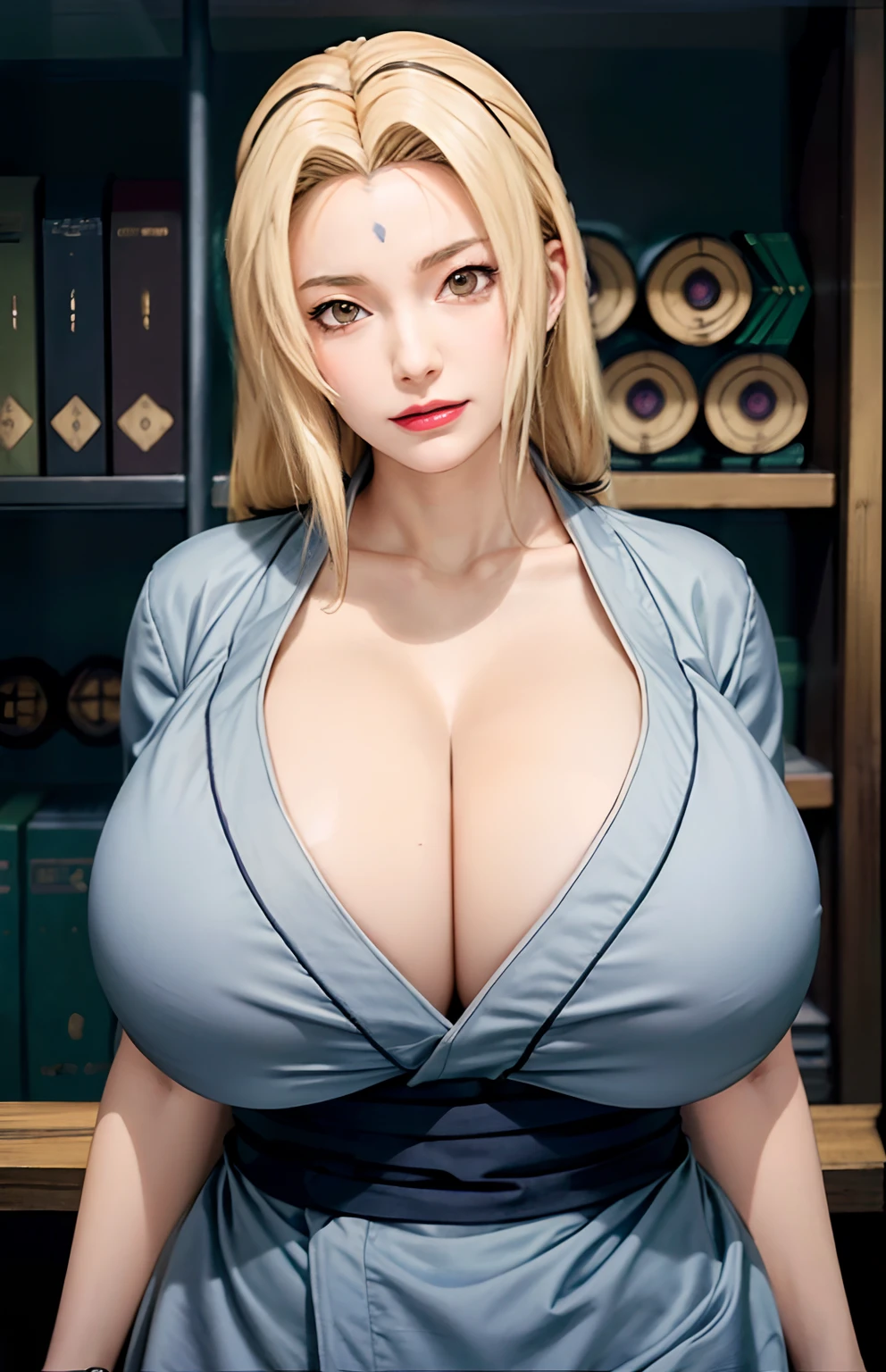 (huge tits), cleavage, good anatomy, masterpiece, best quality, 4k, 8k, professional photography, soft light, sharp focus, 1 girl, blonde hair, kimono, (mountai), clouds, blonde hair, parted banks, detailed face+brown eyes, smile, closed lips, lipstick, bookshelves, windows,realistic, Tsunade in anime (Naruto)
