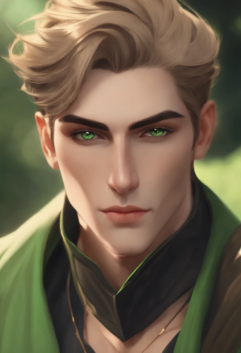 (highres,realistic)An androgynous man with an angular face(green eyes:1.1,sharp eyebrows),no facial hair(angularchin:0.9). He has long,straight black hair, and tan skin.