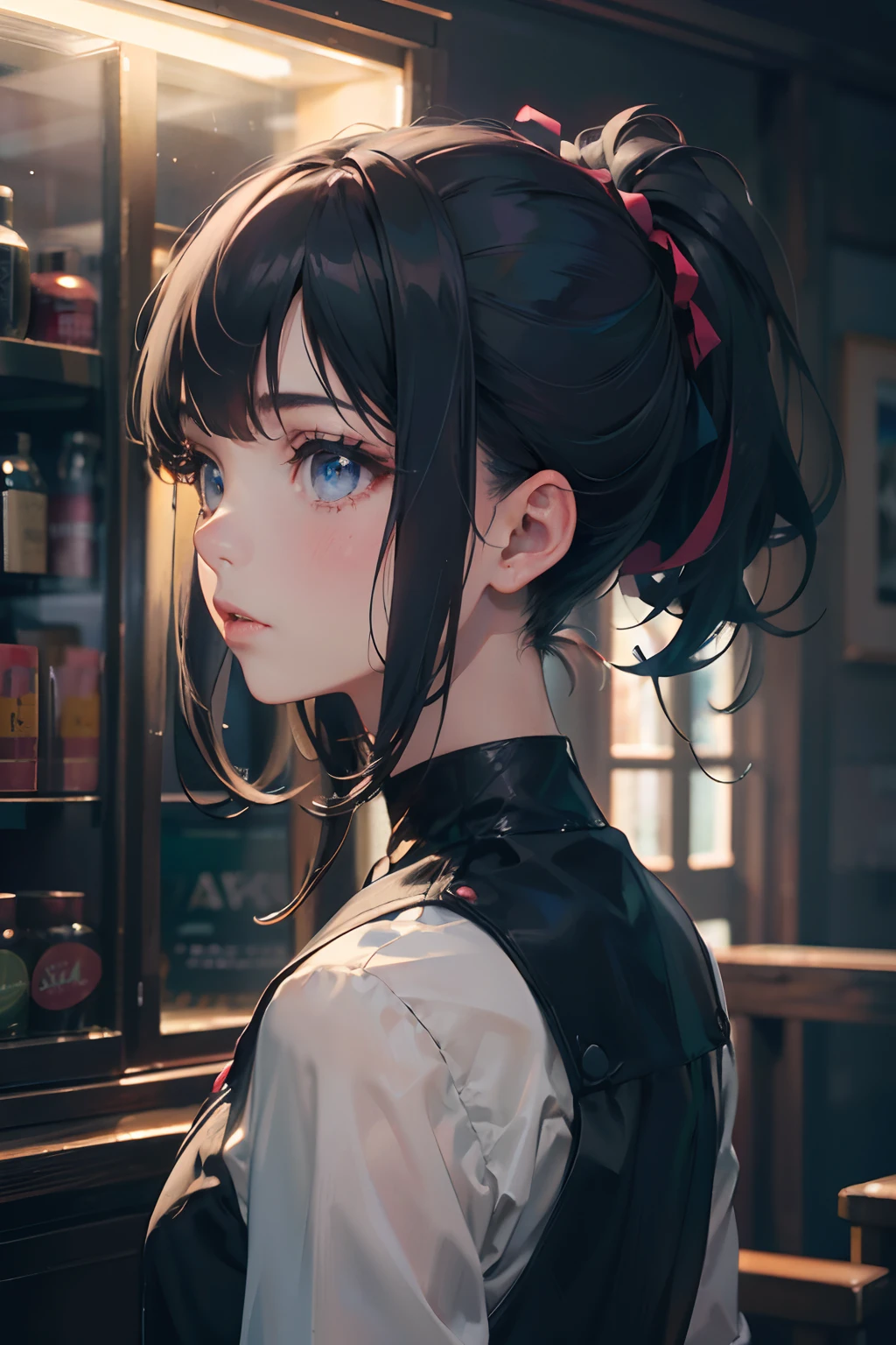a 20 yo woman、Black blue Hair、poneyTail、(hi-top fade:1.3)、dark themed、Muted Tones、Subdued Color、highly contrast、(natural skin textures、Hyper-Realism、Soft light、sharp)