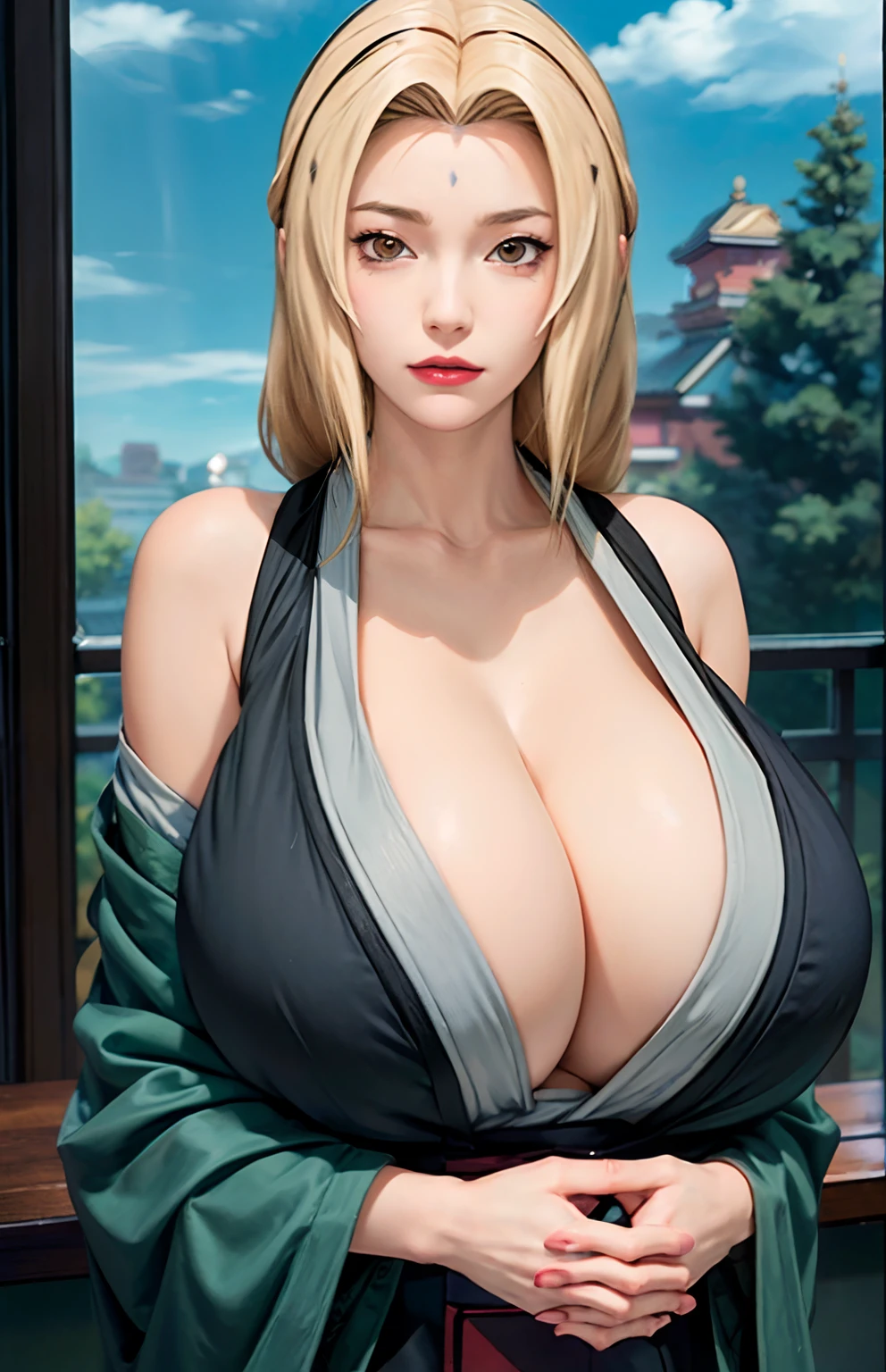 (huge tits), cleavage, good anatomy, masterpiece, best quality, 4k, 8k, professional photography, soft light, sharp focus, 1 girl,  blonde hair, kimono, (mountai), clouds, blonde hair, parted banks, detailed face+brown eyes, smile, closed lips, lipstick, bookshelves, windows,realistic, Tsunade in anime (Naruto)