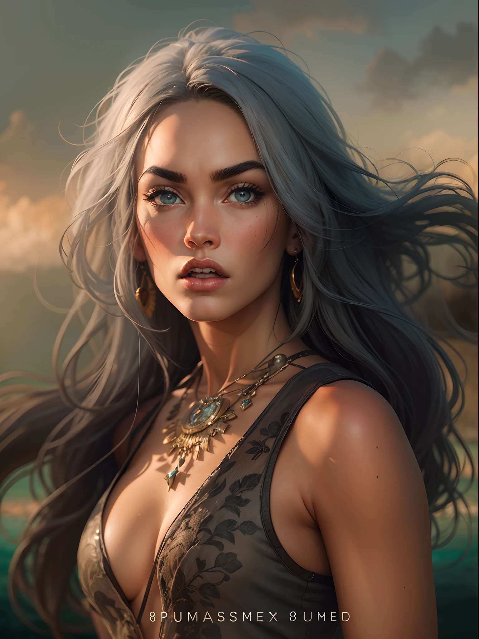 `(best quality, masterpiece:1.2), ultra-detailed, realistic:1.37`, portrait, Megan Fox, angry, April Bolby's eyebrows, Bebe Rexha's jawline, her hair is Byzantine-style, caring necklace and heart-shaped eyes, inside the Great Barrier Reef, sun in the sky, Rembrandt lighting, f/14, trending on CGSociety, 8K resolution