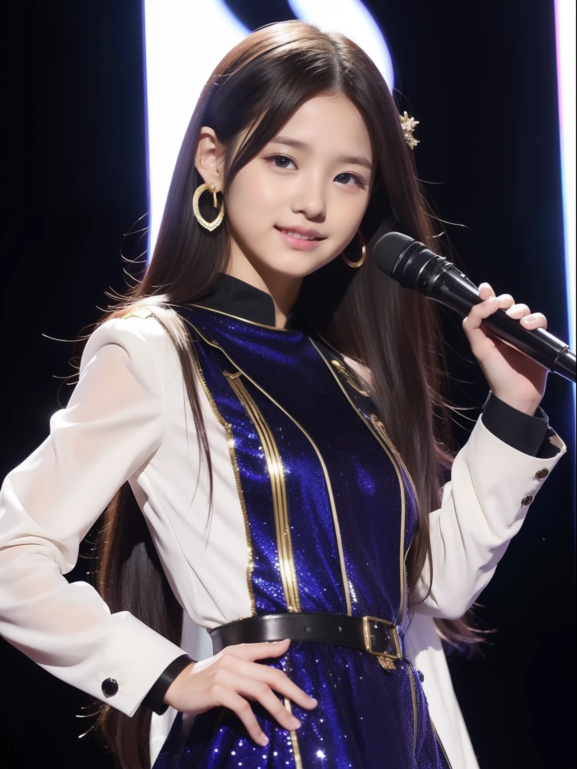 (((Draw only one woman: 2))), (Heavy rain concert venue: 1.5), ((Idol woman singing and dancing on stage)), (Idol's cute mini skirt see-through costume: 1.5), (Rain wet clothes: 1.8)), ((clothes that stick to wet skin: 1.8)), ((rain wet skin: 1.5)), ((rain wet hair: 1.8)), ((rain wet bangs: 1.8)), (happy smile: 1.2), 18 year old beauty, ((1 screen)), 8K, RAW shot, top quality photo, masterpiece, nice realistic photo, (( anatomy correct proportions : 1.5)), ((perfect proportions)), ((Japanese idol-like beauty)), ((small head: 1.5)), detailed face, detailed eyes, narrow nose, (detailed fingers: 1.2), detailed arms, detailed skin, detailed legs, (slim style), (thin waist)), (medium breast), (nipple shadow: 1.5), hair accessory, earrings, choker ,bracelet