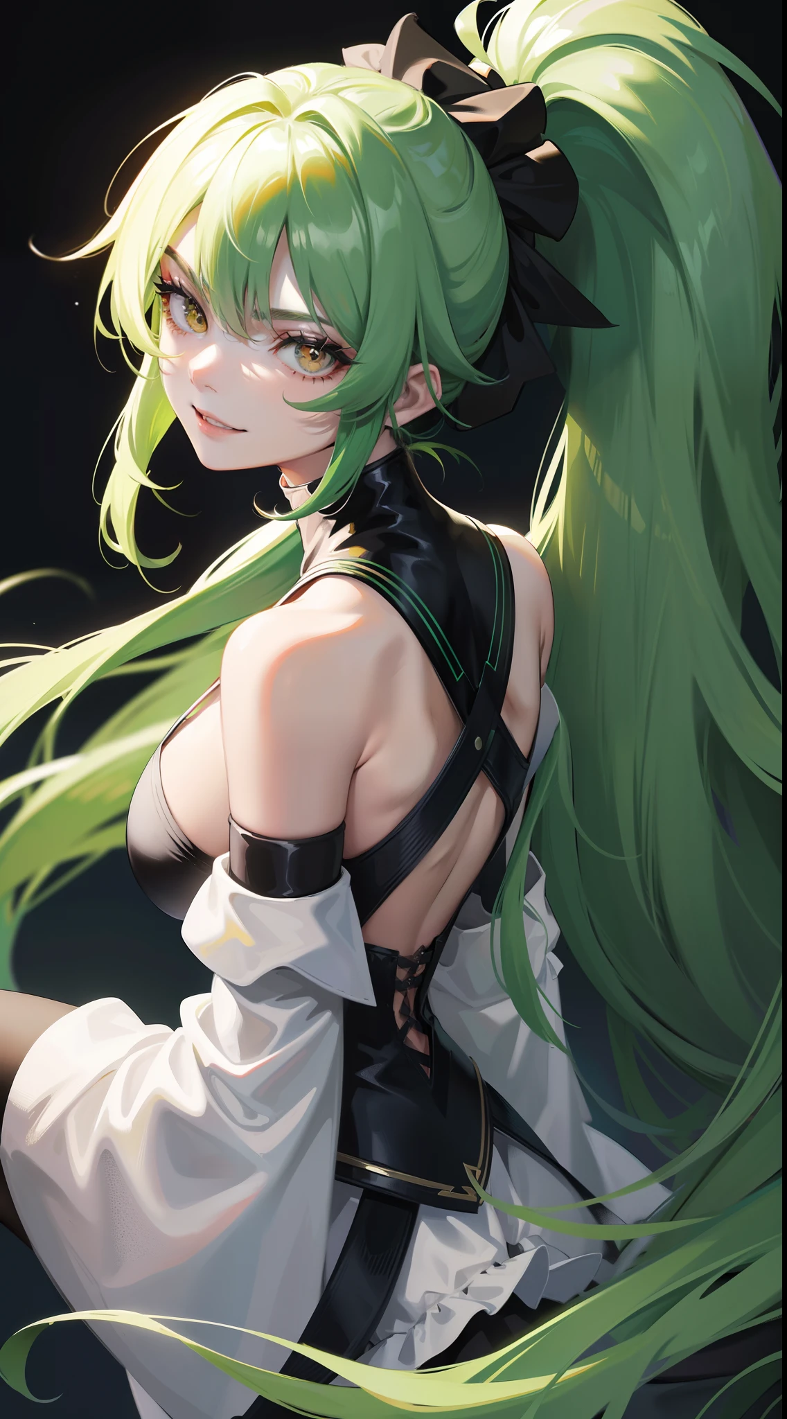 Adult woman, long green hair, high ponytail, white eyes, Black Dense Shape, mask, angry, seen from behind, Smile, Masterpiece, hiquality, 4k, HD, Good detail