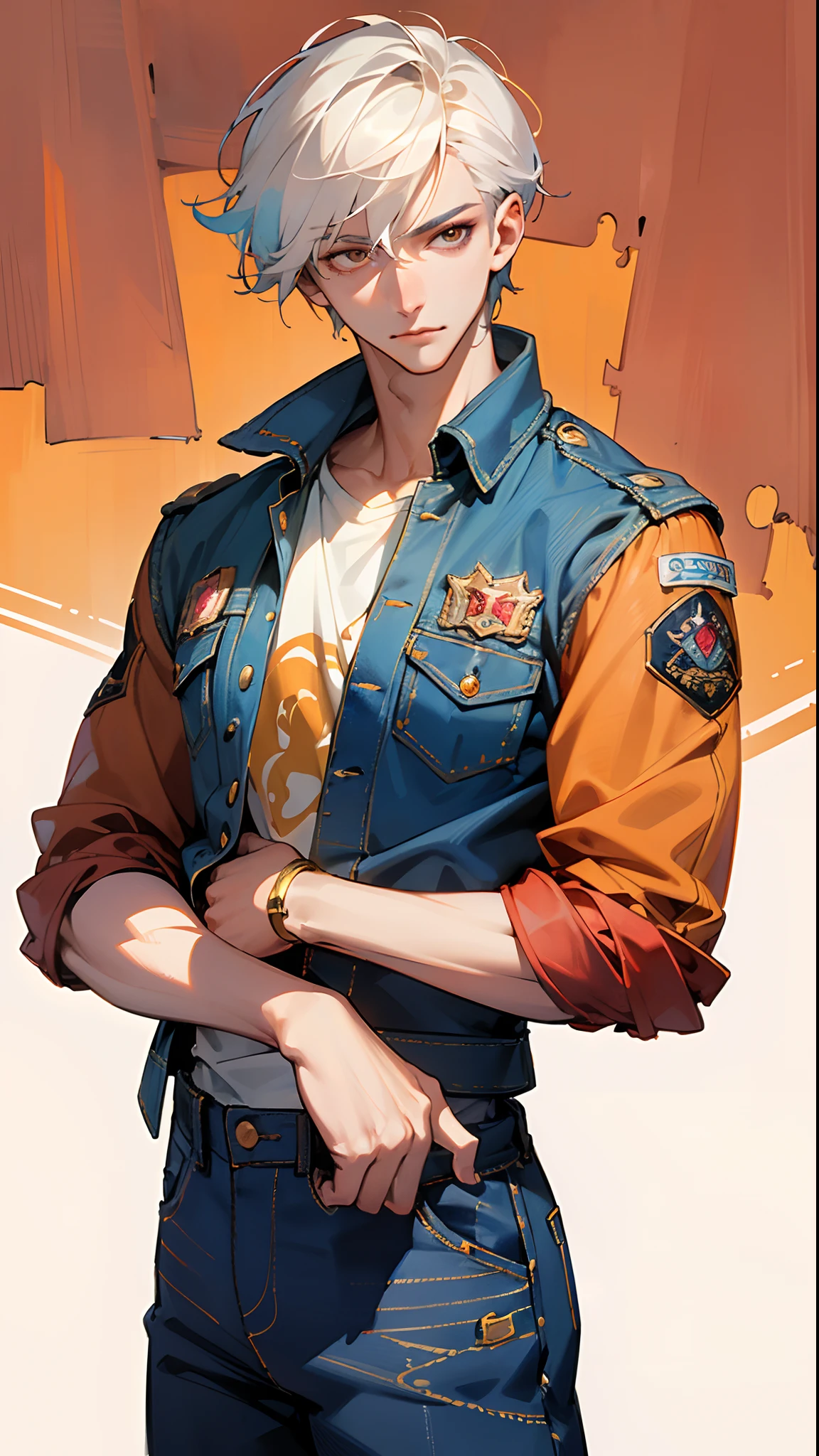 (masterpiece, best quality:1.3),beautiful detailed glow,best illuminate,(((best quality,textile shading,ultra detailed))),extremely detailed CG unity 8k wallpaper,Highly Detailed beautiful and aesthetic,best light,high resolution,detailed,dynamic lighting , 1Character ,  pastel washed out colors , cell shade , soft, muted shades ,gentle colors ,

He wears a short-sleeved, bright red graphic tee , Over the tee, he sports a denim jacket with colorful patches, blue denim jeans with a straight-leg cut, jeans are embellished with colorful stitching and decorative buttons, 

Handsome man , White hair , very Short hair , gold eyes , light skin , mature man , pale skin , muscular, tall , age 35 ,