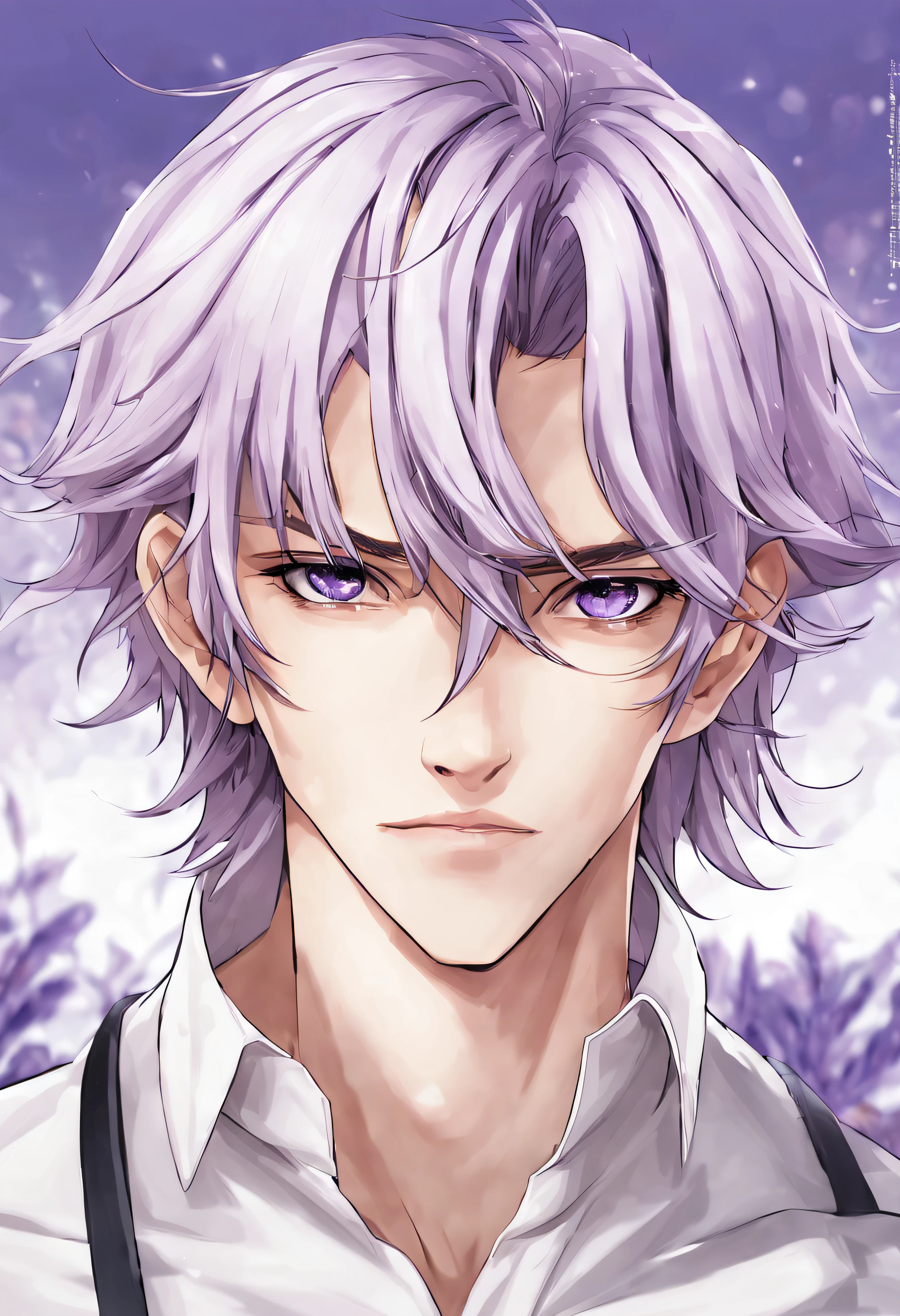 hair is a striking, pristine white, often long and flowing, framing his face and adding an element of ethereal beauty to his appearance. well-defined and chiseled jawline, high cheekbones, and a pointed or elegant nose, which enhances his overall attractiveness. lavender colored eyes. anime style, closed mouth, open eyes