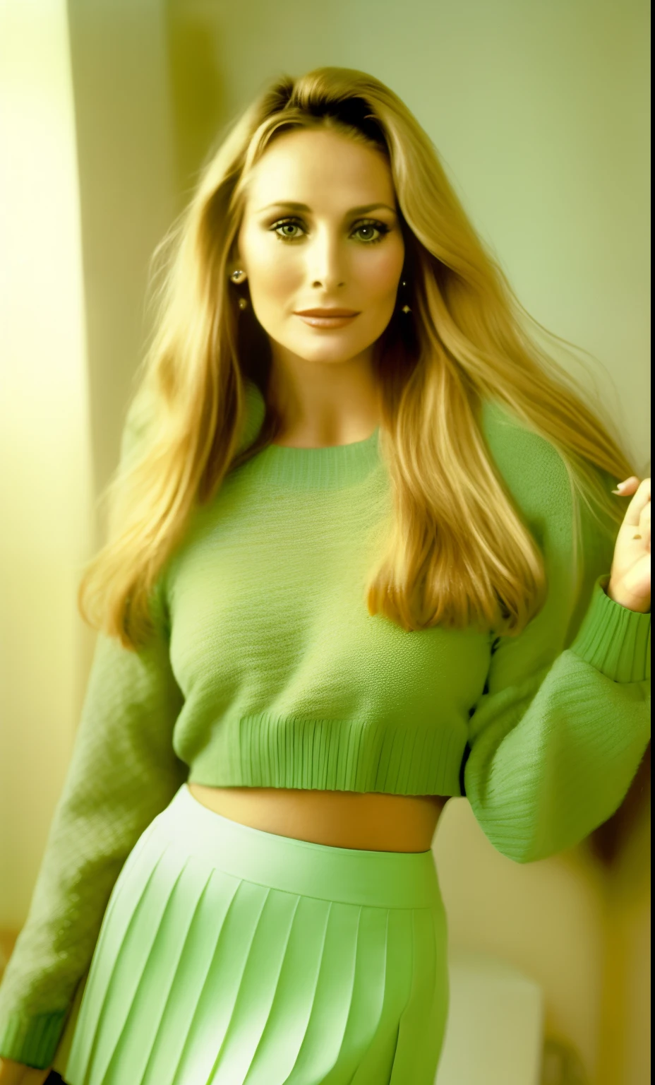 a close up of a woman in a green sweater and pleated green skirt, woman looks like sharon tate, inspired by Tina Blondell, barbra streisand sitting, color 1970, inspired by Ulrika Pasch, barbra streisand no makeup, inspired by Susan Heidi, olivia newton-john, with long blond hair