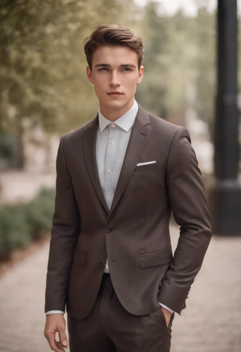 attractive 20 year old athletic man with short brown hair in Hugo boss business suit, full body straight shot