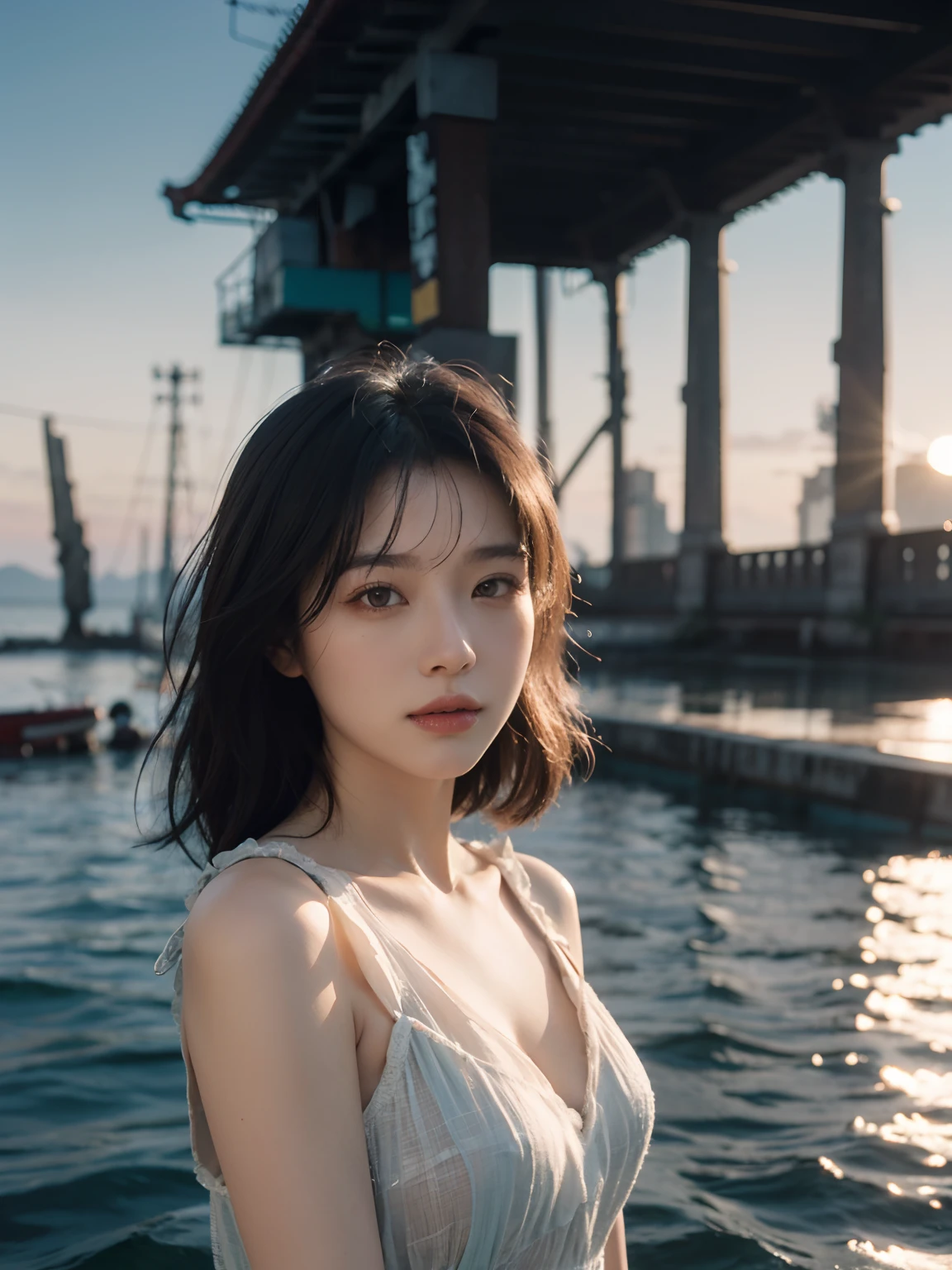 best quality,masterpiece,1girl of a Imaginative Macanese Female Page,Crude hair,at Sunrise,Cel shaded,anaglyph effect,ultra high res,Extremely Detailed Official Unity 8K Wallpapers,ultra high res,ultra high quality,The background is the sea,