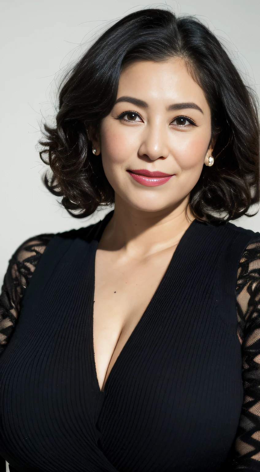 ((Best quality, 8K, Masterpiece, Portrait: 1.3)), (View viewers), Photorealism, Sharp focus, Solo, The Moro Islamic Liberation Front of Japan, Beauty,Wavy hair, ((Big breasts:1.3)),30 years old, curlies,(Black High Neck Dress, standing on your feet:1.2)((looking at viewert))