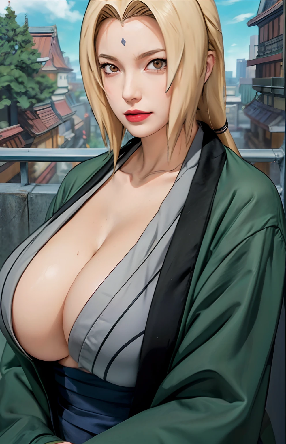 (huge tits), cleavage, good anatomy, masterpiece, best quality, 4k, 8k, professional photography, soft light, sharp focus, 1 girl,  blonde hair, kimono, (mountai), clouds, blonde hair, parted banks, detailed face+brown eyes, smile, closed lips, lipstick, bookshelves, windows,realistic, Tsunade in anime (Naruto)