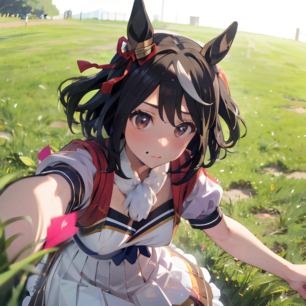 masutepiece, Best Quality, close up, Face shot,
Silence Suzuka \(Umamusume\),, White skirt, Pleated skirt, Black tights, White bra with patch, Black bow, Running, run through,Loose grass, heel, Butt view, full length, Surşi