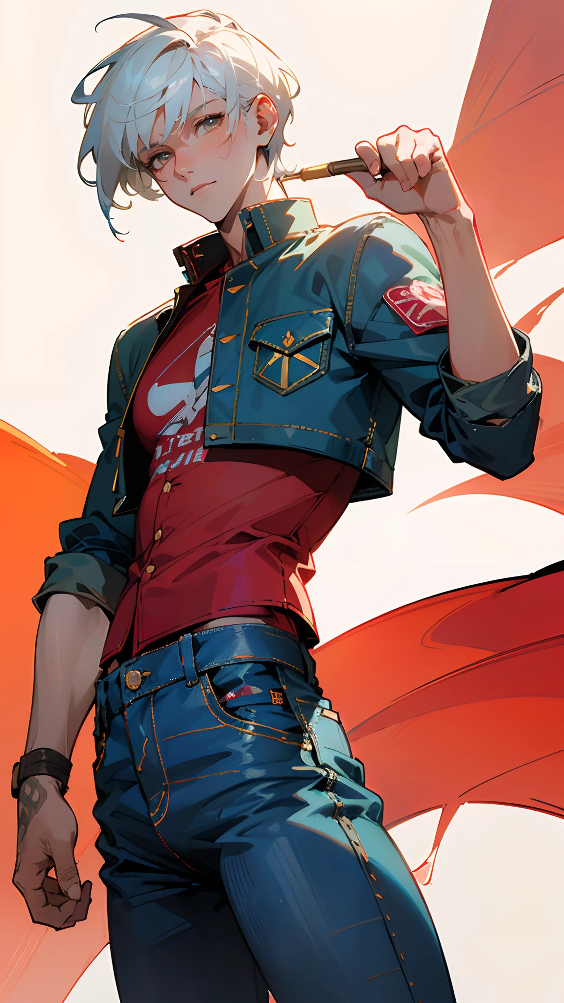 (masterpiece, best quality:1.3),beautiful detailed glow,best illuminate,(((best quality,textile shading,ultra detailed))),extremely detailed CG unity 8k wallpaper,Highly Detailed beautiful and aesthetic,best light,high resolution,detailed,dynamic lighting , 1Character , pastel washed out colors , cell shade , soft, muted shades ,gentle colors ,
He wears a short-sleeved, bright red graphic tee , Over the tee, he sports a denim jacket with colorful patches, blue denim jeans with a straight-leg cut, jeans are embellished with colorful stitching and decorative buttons,
Handsome man , White hair , very Short hair , gold eyes , light skin , mature man , pale skin , muscular, tall , age 35 ,