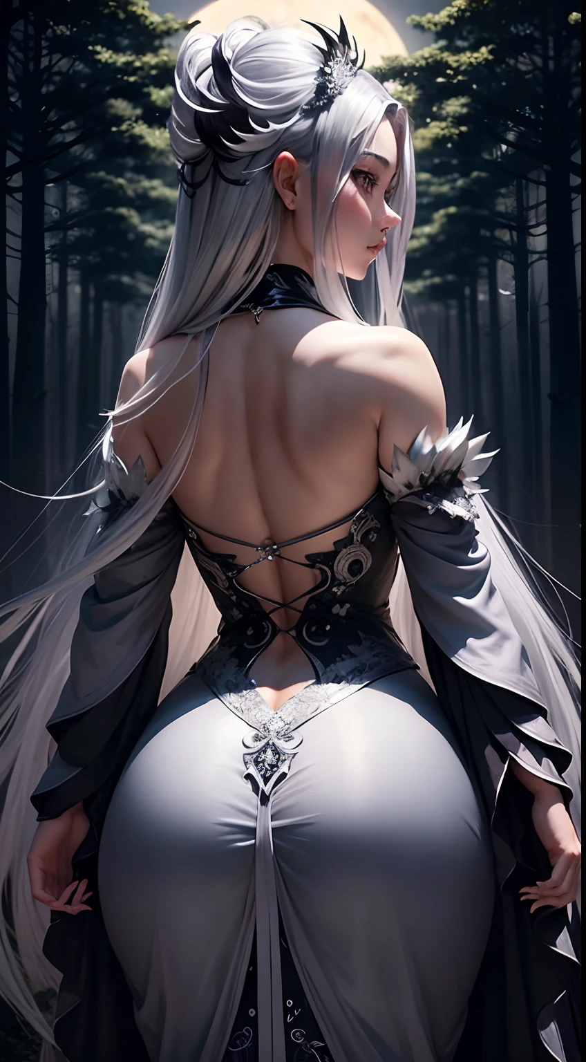 Back view of a girl walking in a dark forest with a big moon in the sky　(Turn around and look at us)　Long silver hair　Gorgeous dress where the skin is hidden　gorgeous woman　Asian Goddess　hime　​masterpiece