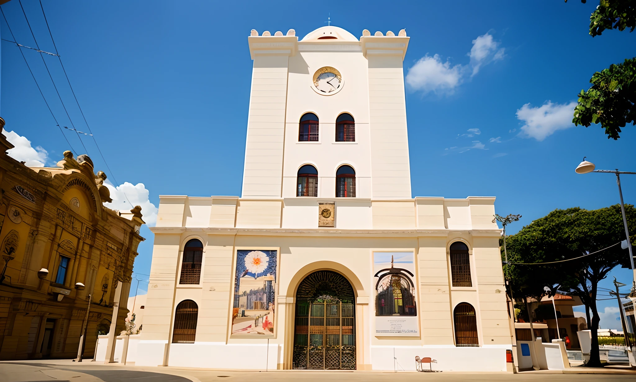 there is a large white building with a clock on the front, museum, museum art, preserved historical, art museum, town hall, freddy mamani silvestre facade, museum of art, museum photo, bispo do rosario, historical setting, full - view, stunning image, inspired by Ceferí Olivé, historical image, in chuquicamata