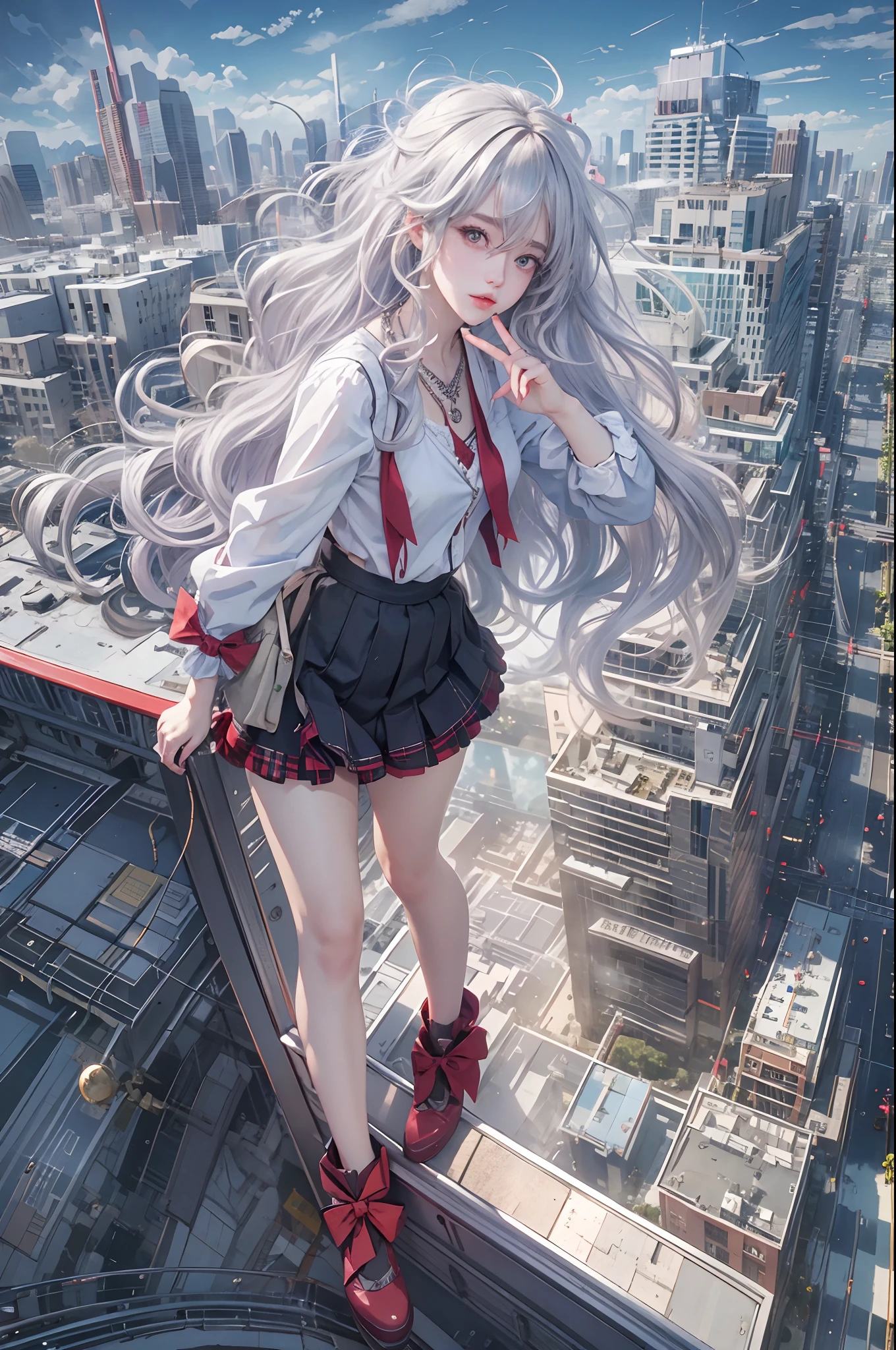 best quality,masterpiece,1girl,silver hair,disheveled hair,curly_hair,shirt,skirt,kawaisou,JK,red_bow,watchi,necklace,cityscape,8k raw photo,ultra high res,highest detailed,intricate,8k,HDR,