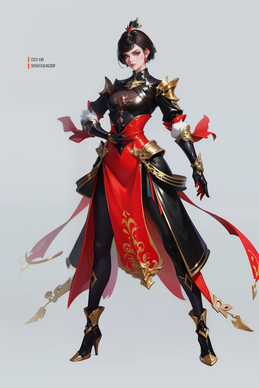 solo, super fine photo, full body digital art Unreal Engine 5 8K UHD of a girl, concept art, character concept design, wearing red tight shiny suit with metallic details, long black glove, short hair, best quality, masterpiece, super detailed, sharp focus, female pose