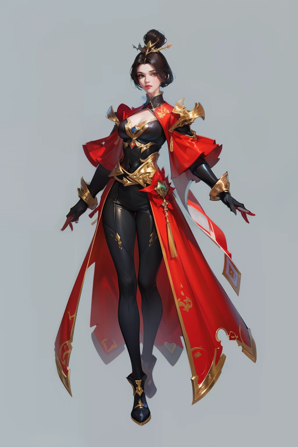 solo, super fine photo, full body digital art Unreal Engine 5 8K UHD of a girl, concept art, character concept design, wearing red tight shiny suit with metallic details, long black glove, short hair, best quality, masterpiece, super detailed, sharp focus, female pose