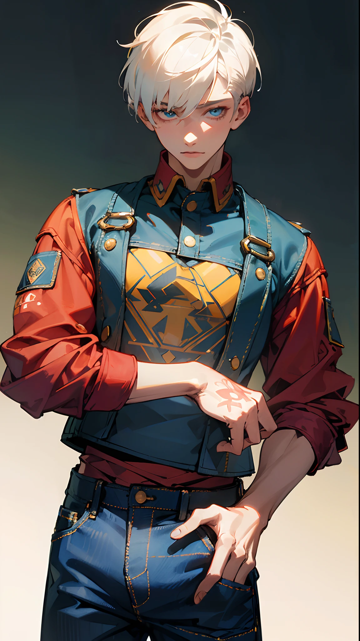 (masterpiece, best quality:1.3),beautiful detailed glow,best illuminate,(((best quality,textile shading,ultra detailed))),extremely detailed CG unity 8k wallpaper,Highly Detailed beautiful and aesthetic,best light,high resolution,detailed,dynamic lighting , 1Character , pastel washed out colors , cell shade , soft, muted shades ,gentle colors ,
He wears a short-sleeved, bright red graphic tee , Over the tee, he sports a denim jacket with colorful patches, blue denim jeans with a straight-leg cut, jeans are embellished with colorful stitching and decorative buttons,
Handsome man , White hair , very Short hair, ((crew cut hair style:1 )) , Blue eyes , light skin , ((muscular:1)),masculine ,age 28,