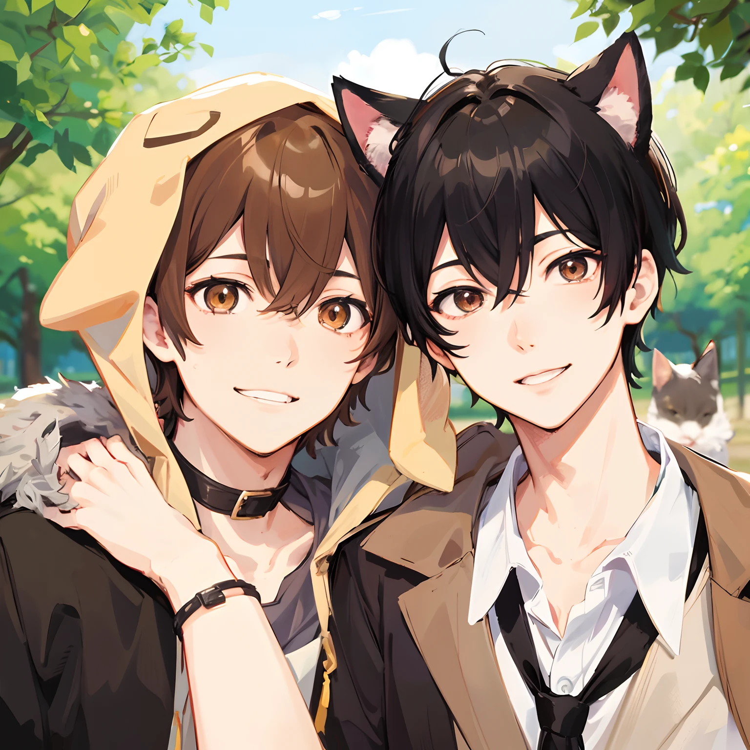 Japanese anime, two young men, one with brown hair and dressed as a dog, one with black hair and dressed as a cat, heads together, smiling, park in background,