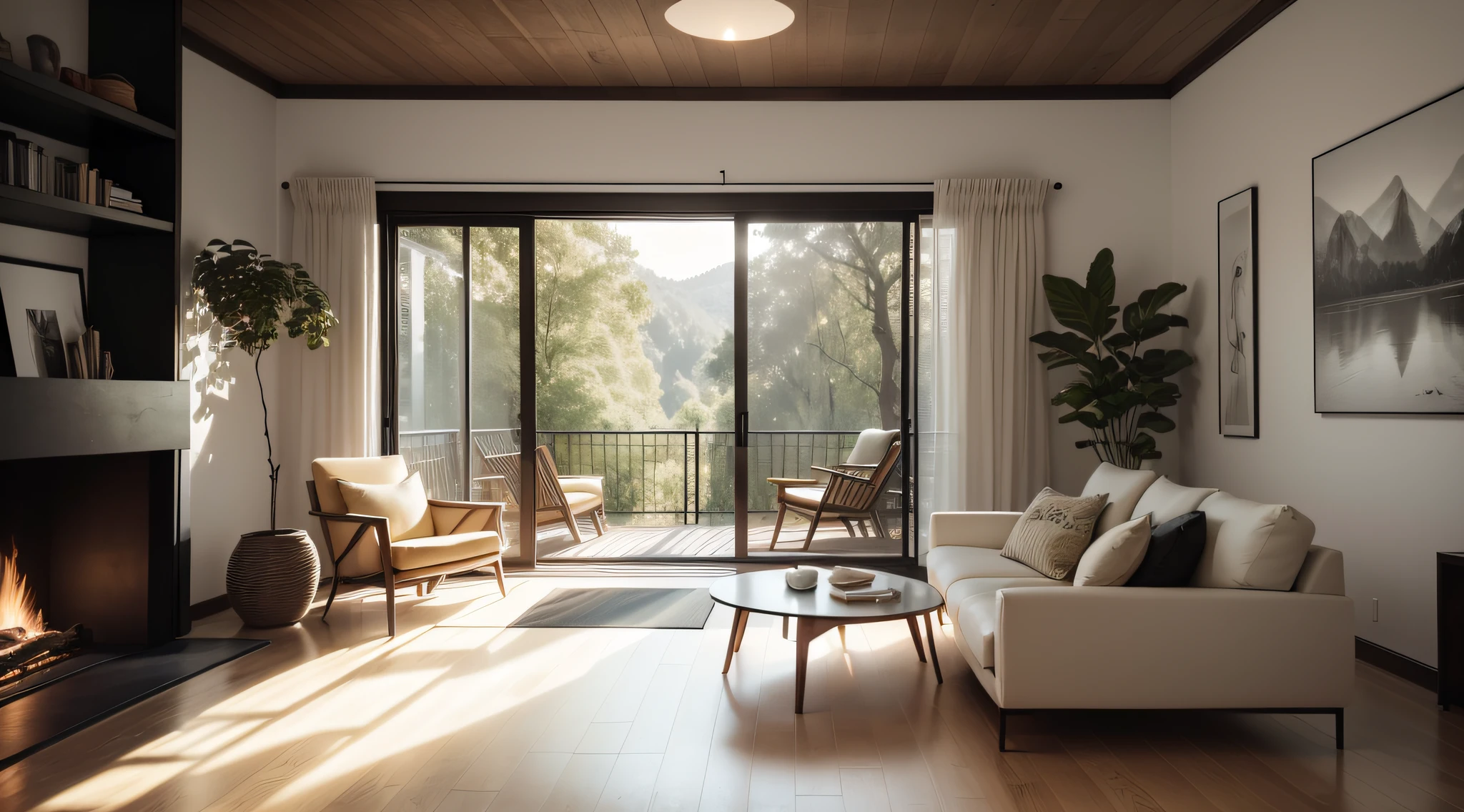 (best quality,4k,8k,highres,masterpiece:1.2),ultra-detailed,(realistic,photorealistic,photo-realistic:1.37),interior of a living room,minimalist design,inspired by architects Aires Mateus,Studio ball furniture,brothers campana armchairs,large glass doors,views of a forest,soft natural lighting,smooth wooden flooring,airy and spacious ambiance,subtle color palette with hints of earth tones,ethereal atmosphere,cozy corner with a fireplace,artfully arranged bookshelves stocked with books and decorative objects,minimalistic furniture with clean lines,a comfortable sofa and a coffee table with sleek design,delicate indoor plants placed strategically to add freshness,modern wall art pieces adding a touch of sophistication,sculptural lighting fixtures casting a warm glow,an inviting reading nook with a cozy armchair and a floor lamp,a large window opening up to a breathtaking view of a lush forest,peaceful and serene surroundings,perfect harmony between nature and modern design.
