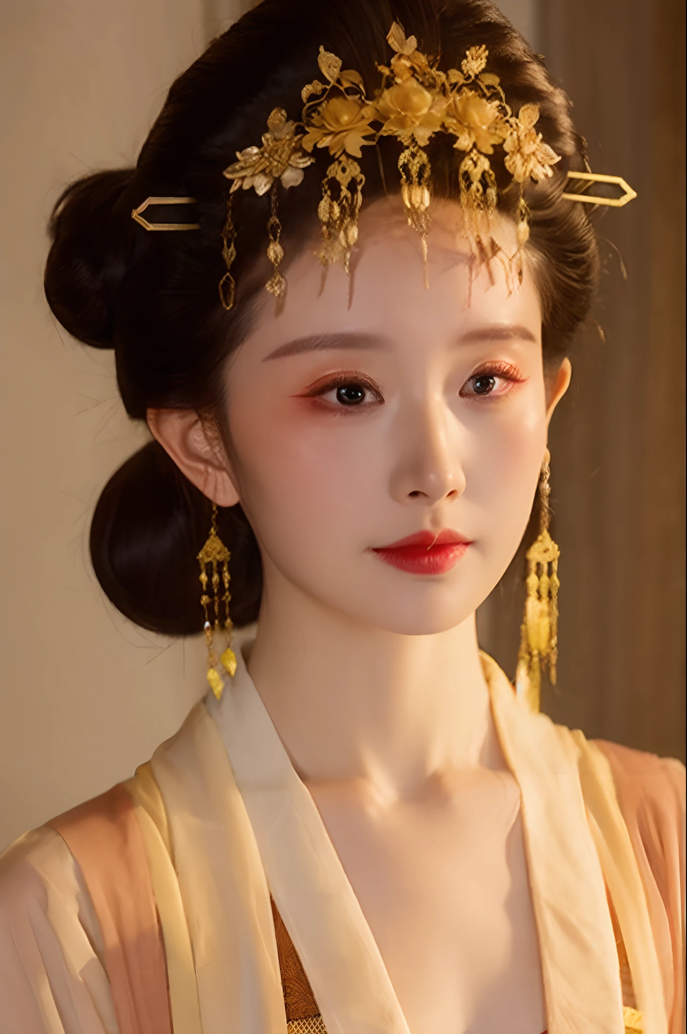 zanhua, Best quality, Masterpiece, 1 girl,Upper body,single hair bun,Blonde hairpins on the head, Wearing Hanfu, finely detailled, very detailed eyes and faces