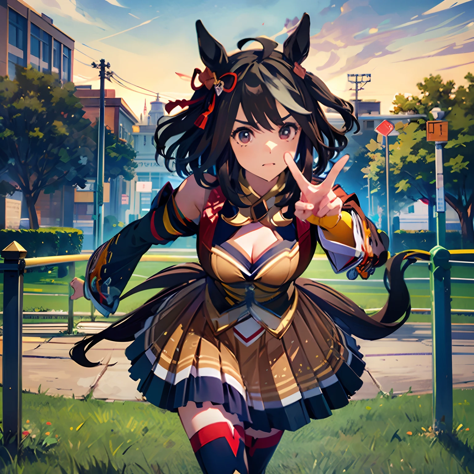 「masterpiece,top-quality,a closeup,Face Shots,kitasan black_(Umamusume), 1girl in,Animal ears ,Horse ears ,Horse Girl ,Horse tail,masutepiece, Best Quality,Hair Ribbon, Hair Ornament, Fingerless gloves, yellow gloves, Komono, Long sleeves, Wide sleeves, Detached sleeves, Bare shoulders, Clothes Cutout, cleavage cutout, Kohaku ship, Brown skirt, Pleated skirt, zettai ryouiki, black thighhighs, Sandals, red footwear, 」,Running through,