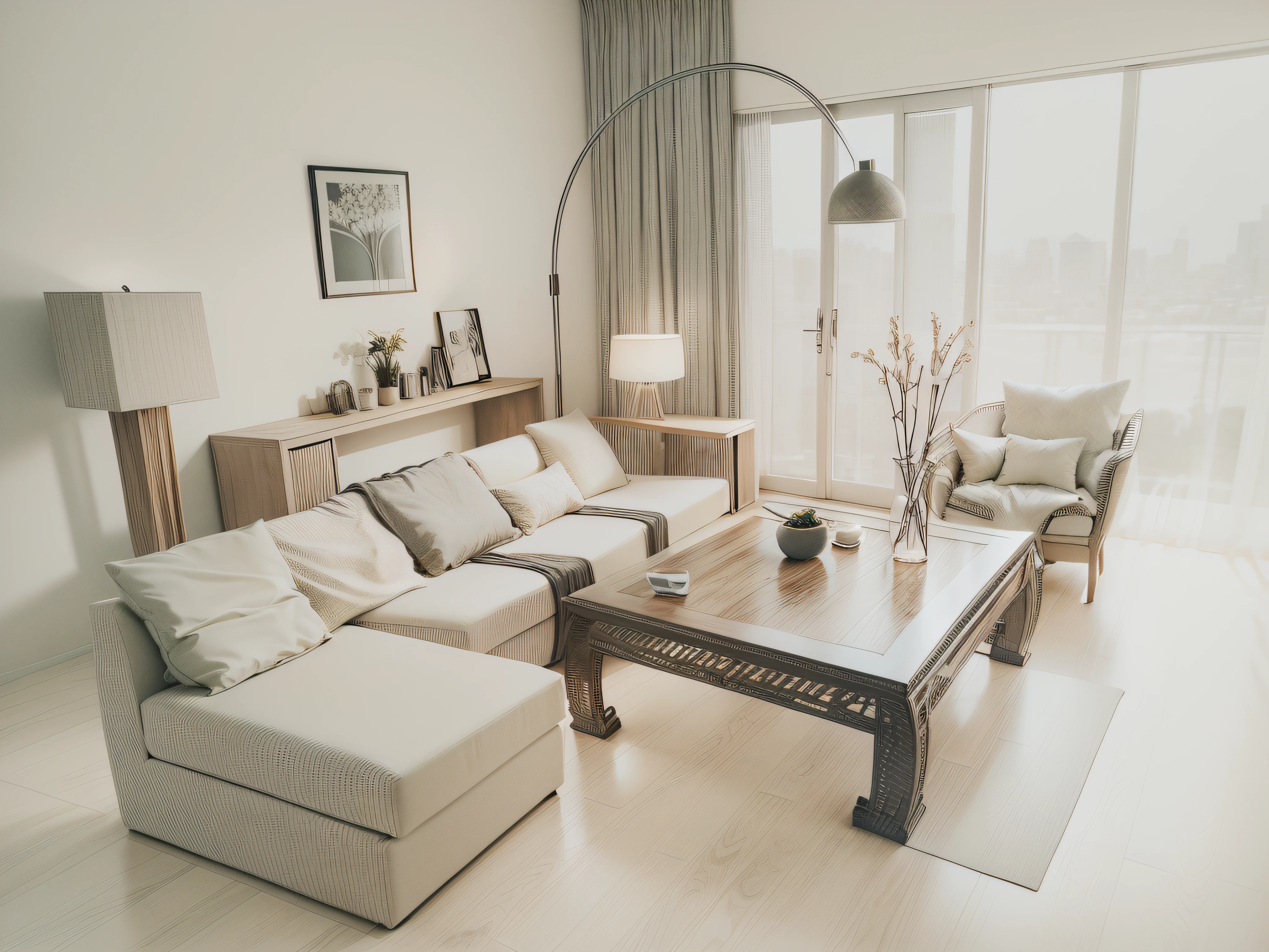 (8K HD image quality, , wooden table, realistic afternoon lighting) + detailed architectural visualization + soft environment lighting, (Unreal Engine 5/Vray8K/Vray8K/Unreal Engine 6/Vray, etc.) The use of multiple rendering methods + corona rendering + Unreal Engine high rendering, (soft evening lighting, realistic rendering), together present a warm and elegant feeling. No window, high quality rendering, excellent 3d render, award winning render, with photorealistic lighting, rendered in corona, Modern living room, archviz,