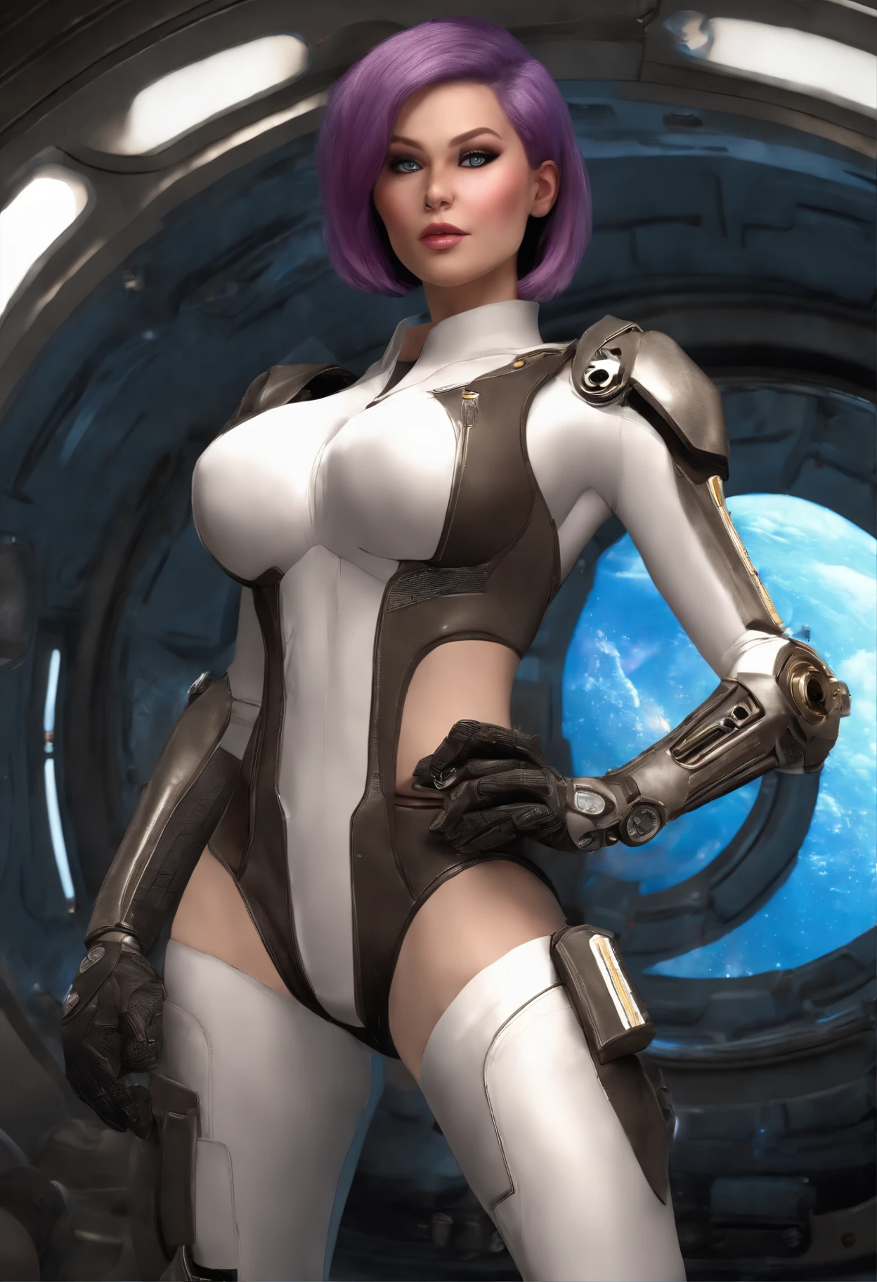 (Full body photo:2), (One/woman/Mechanic:1.8), (Extremely large breasts:1.8), (Full mechanical body:2), (With bionic armor:1.5), White with black gears, (She sees outer space inside a spaceship near the window:1.5), (She has short purple straight hair:1.2), (Blue eyes:1.2), (Moaning:1.5), (Blush:1.5), (Sexy poses are being made for the audience standing:1.5),    Anime style, anime big breast, 16k, High quality, Textured skin, hyper HD, Award-winning，fullnude