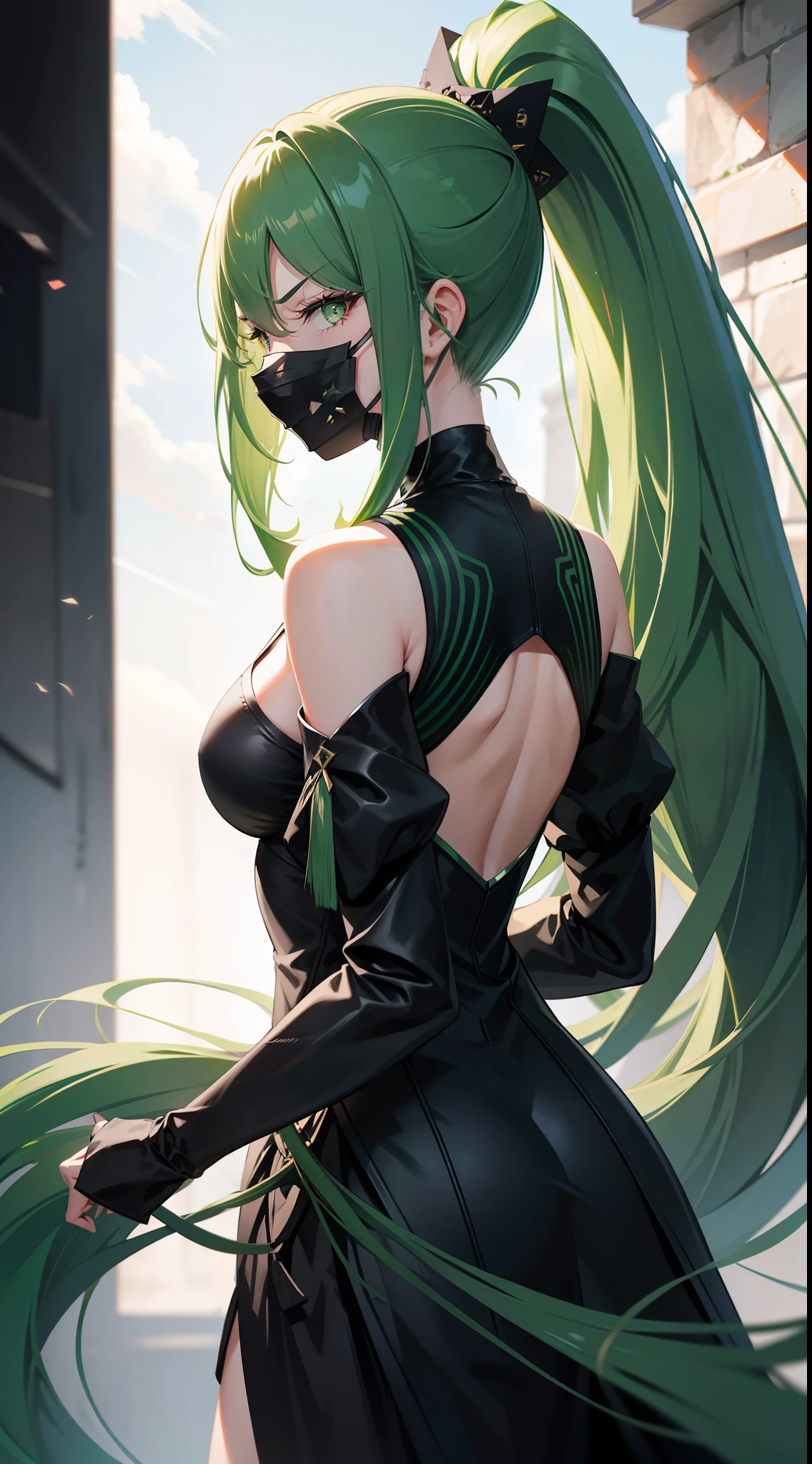 Adult woman, long green hair, high ponytail, white eyes, Black Dense Shape, mask, angry, seen from behind, Smile, Masterpiece, hiquality, 4k, HD, Good detail