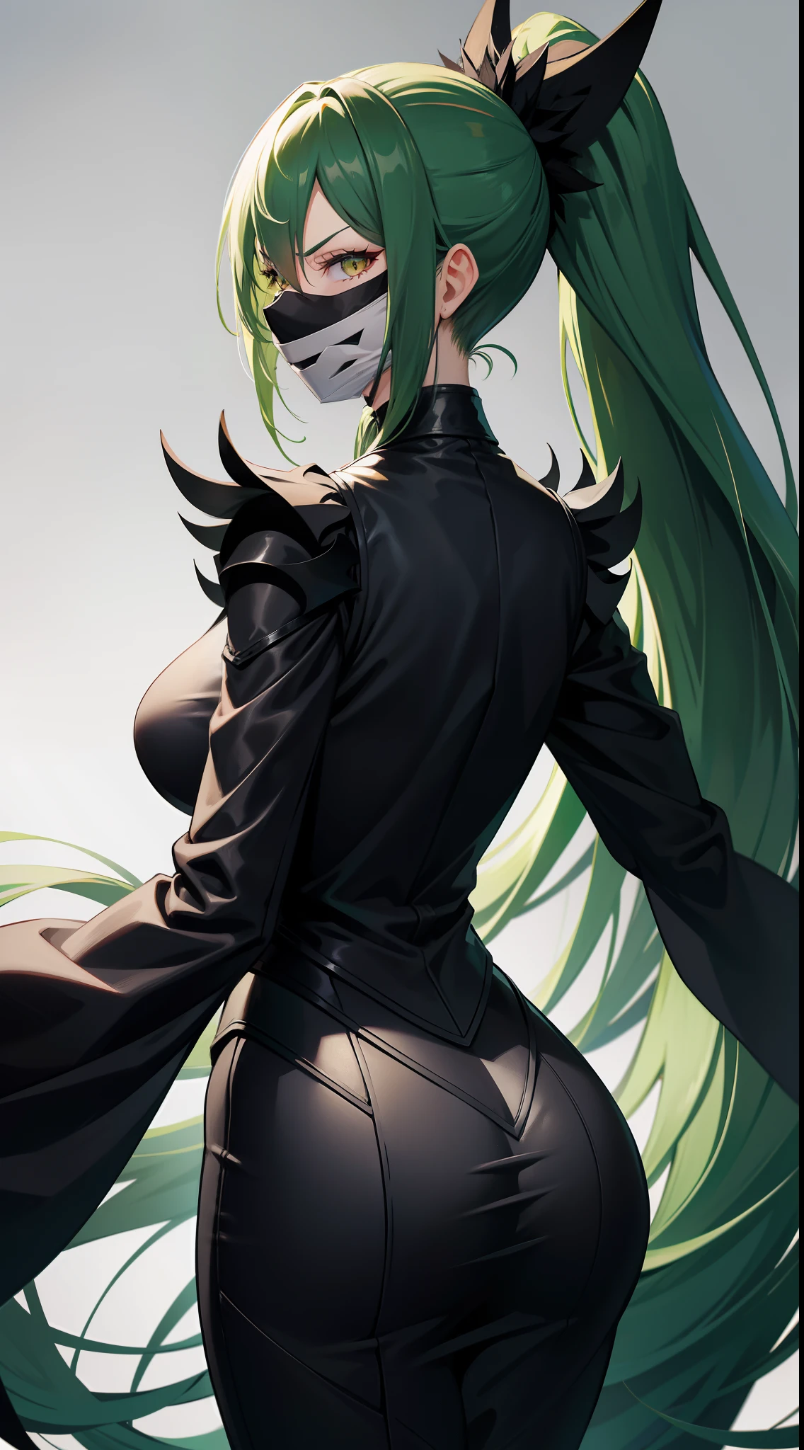 Adult woman, long green hair, high ponytail, white eyes, Black Dense Shape, mask, angry, seen from behind, Smile, Masterpiece, hiquality, 4k, HD, Good detail