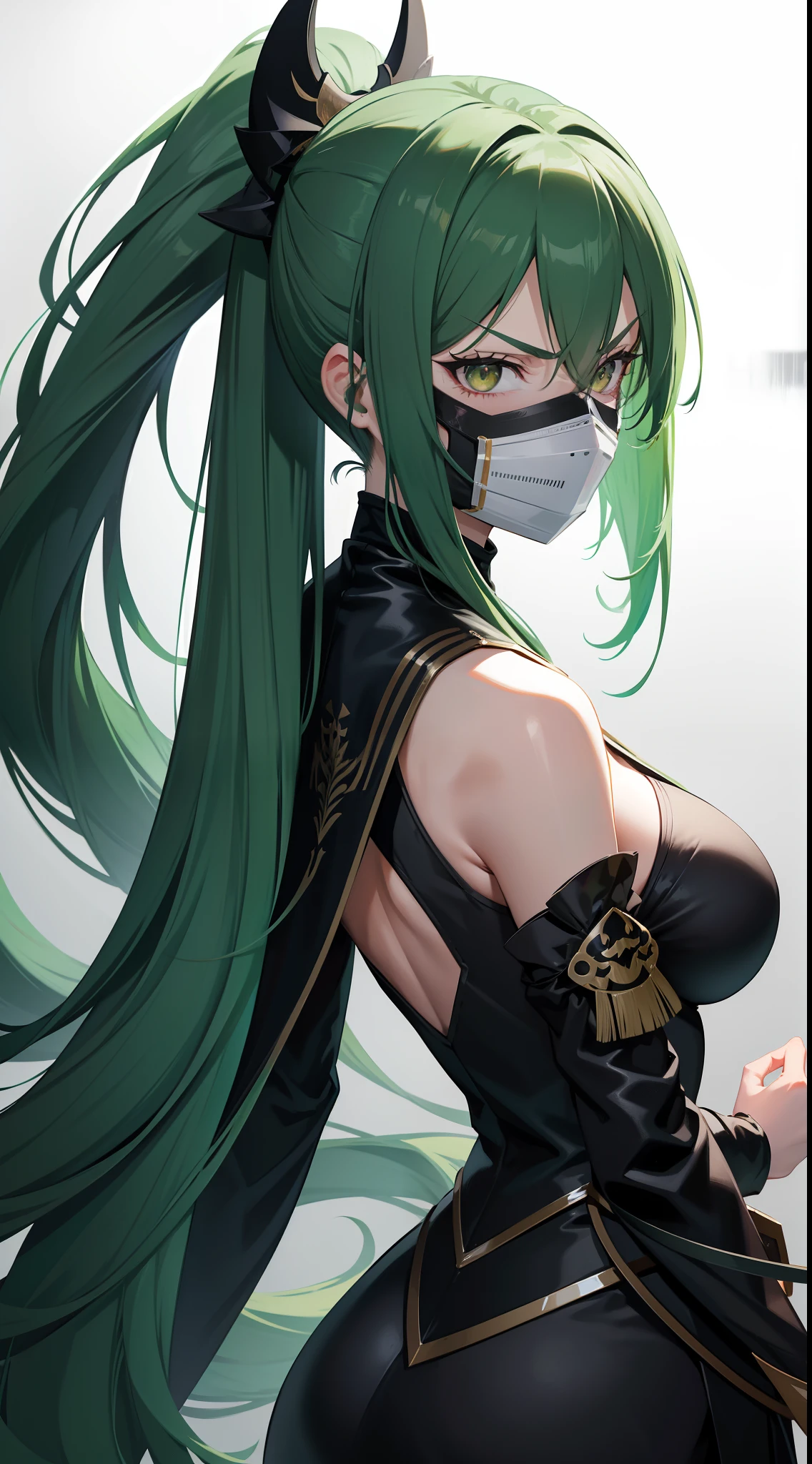 Adult woman, long green hair, high ponytail, white eyes, Black Dense Shape, mask, angry, seen from behind, Smile, Masterpiece, hiquality, 4k, HD, Good detail