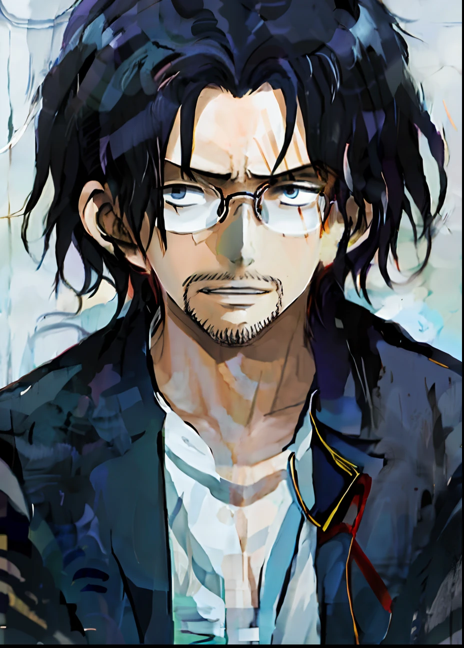 anime guy with glasses and a beard in a suit jacket, hideaki anno anime, kentaro miura manga art style, kentaro miura manga style, okata kazuto, kentaro miura art style, akiyuki shinbou, with glasses and goatee, gendo ikari smoking a joint, anime moe artstyle, 2 d anime style sad Man, Eiichirou Oda style,