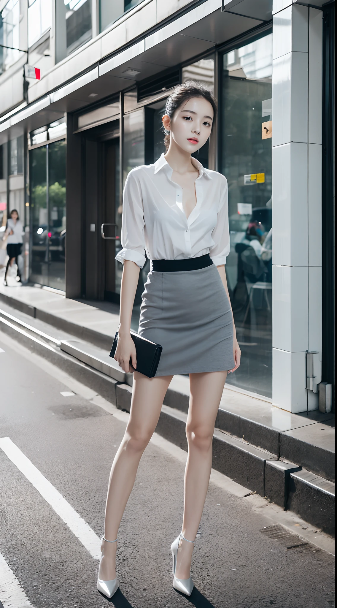 Ultra-clear resolution,top Quority,Wonderful young girl,ear studs,Clear eyes,plain face,Gloss on lips,s the perfect face,White skin,Perfect chest,Slender legs,Gray office miniskirt,black heels,street