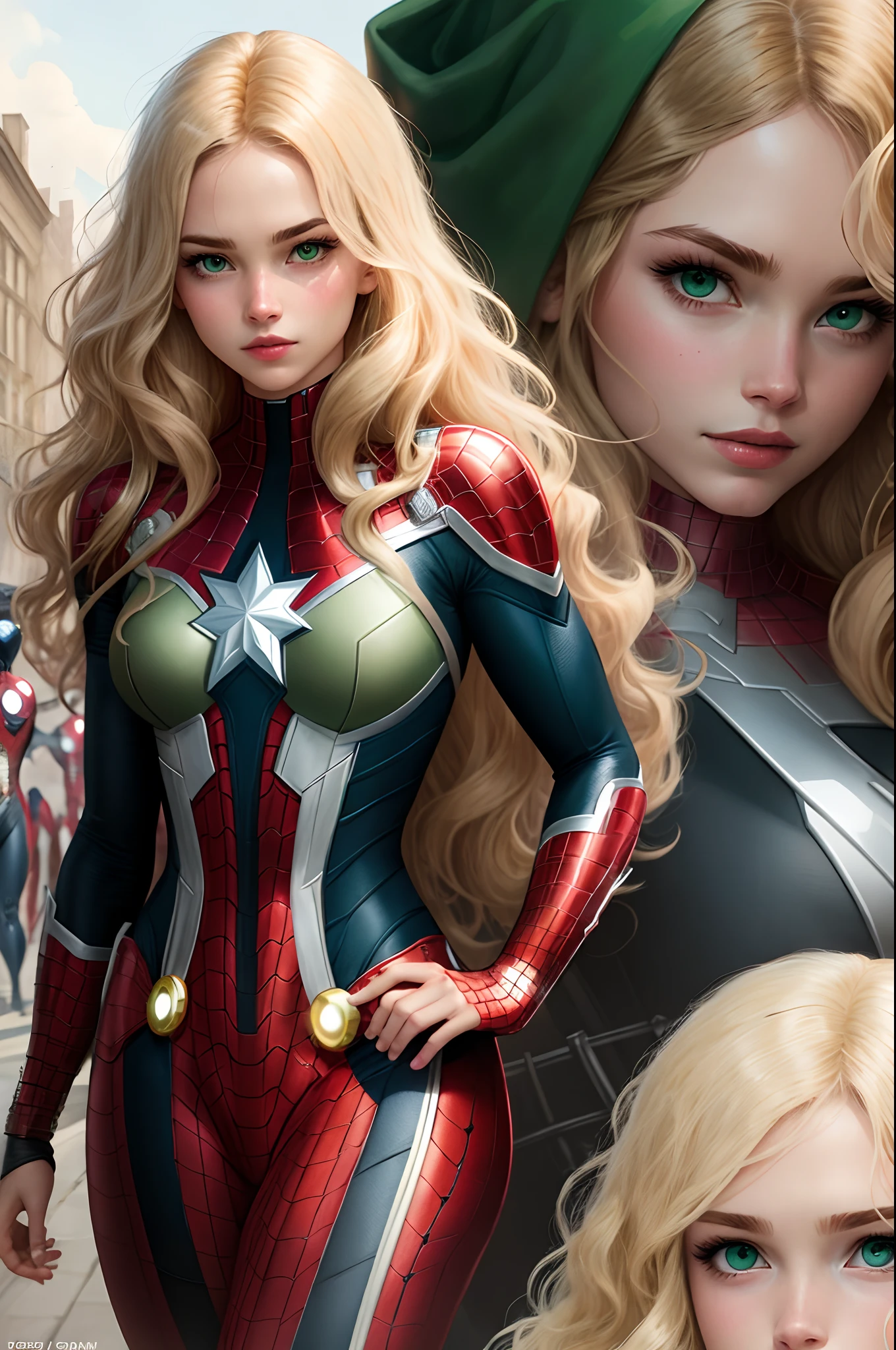 Long brown and blonde wavy hair, green eyes, pale skin, girl marvel comic pannel