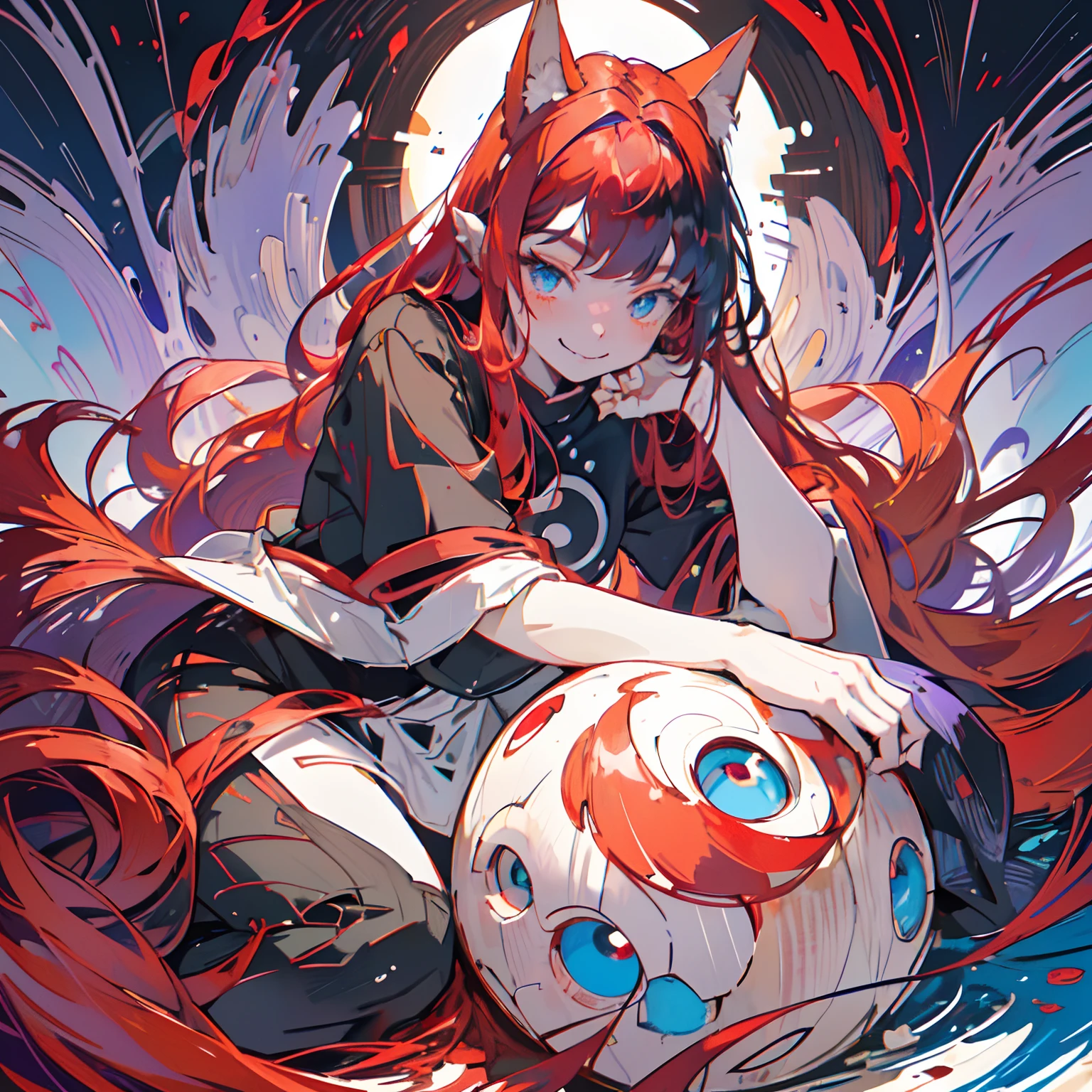 fromt view, (lying on a black sphere), (kitsune woman (red skin), (blue eyes), fox ears (red ears), long hair, inner hair, (red hair), fox tail, (red tail), shy face, light smile, (purple and black clothes), dress whit flounce,