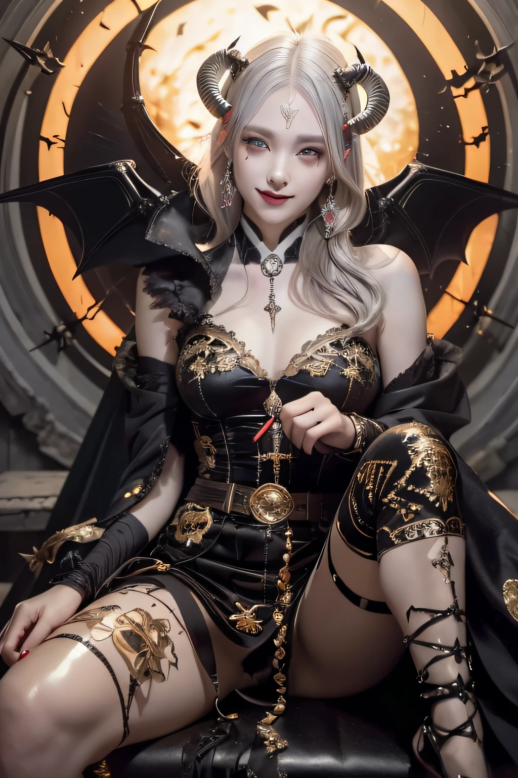 (masterpiece:1.3), high resolution, ultra detailed, extremely detailed CG unity 8k wallpaper, realistic, photo-realistic, RAW photo, (beautiful detailed face), pale skin, realistic skin, detailed cloth texture, detailed hair texture, Perfect body, Beautiful Face, accurate, Anatomically correct, Highly detailed face and skin texture, natural neck length, (beautiful hands), (fair skin:1.2), Thin legs, Thin feet, (((dim lighting:1.3))), silver laser, 
BREAK, 
Detailed eyes, symmetrical eyes, Brown eyes, Double eyelids, Thin eyebrows, ((Dracula makeup:1.3)), (Glossy lips:1.4), ((Gentle smile:1.5)), 
BREAK, 
(A Devil girl), ((wearing a Black and Gold with Red Devil costume:1.3)), (Black pin heels:1.1), (Devil horns on the head:1.2), (huge black bats wings on the back:1.2),
(large breasts:1.2), (firm breast, nicely shaped breasts, slender figure:1.1), 
((Gray hair:1.5)), (wavy hair), ((short hair:1.2)), ((asymmetrical bangs:1.2)), 
BREAK, 
(Sitting on the Luxury chair with one legs up:1.2), ((view of A dim ruins decorated for Halloween:1.3)), (From below:1.2), 
(((Upper body shot:1.2))), (looking at viewer:1.2),