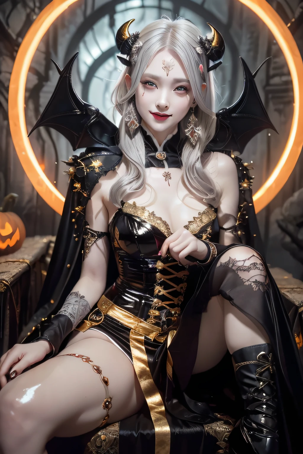 (masterpiece:1.3), high resolution, ultra detailed, extremely detailed CG unity 8k wallpaper, realistic, photo-realistic, RAW photo, (beautiful detailed face), pale skin, realistic skin, detailed cloth texture, detailed hair texture, Perfect body, Beautiful Face, accurate, Anatomically correct, Highly detailed face and skin texture, natural neck length, (beautiful hands), (fair skin:1.2), Thin legs, Thin feet, (((dim lighting:1.3))), silver laser, 
BREAK, 
Detailed eyes, symmetrical eyes, Brown eyes, Double eyelids, Thin eyebrows, ((Dracula makeup:1.3)), (Glossy lips:1.4), ((Gentle smile:1.5)), 
BREAK, 
(A Devil girl), ((wearing a Black and Gold with Red Devil costume:1.3)), (Black pin heels:1.1), (Devil horns on the head:1.2), (huge black bats wings on the back:1.2),
(large breasts:1.2), (firm breast, nicely shaped breasts, slender figure:1.1), 
((Gray hair:1.5)), (wavy hair), ((short hair:1.2)), ((asymmetrical bangs:1.2)), 
BREAK, 
(Sitting on the Luxury chair with one legs up:1.2), ((view of A dim ruins decorated for Halloween:1.3)), (From below:1.2), 
(((Upper body shot:1.2))), (looking at viewer:1.2),